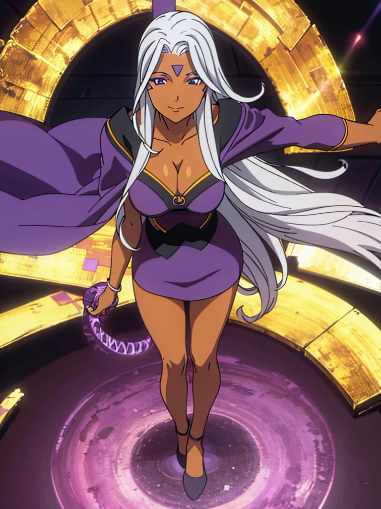 Urd, 1girl, solo, dark skin, purple color eyes, cleavage, smile, goddess outfit, standing, full body, perfect quality, good quality, masterpiece, HDR, UHD