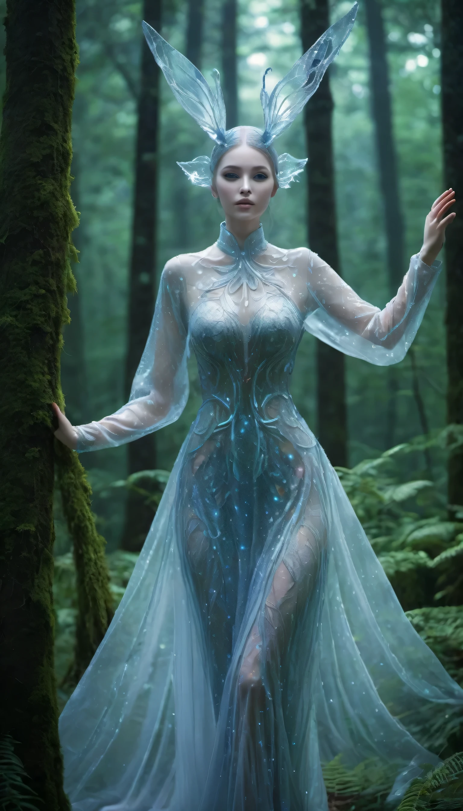 nigh sky, mysterious creature (Translucent female: 1.5 meters), Beautiful forms in the forest, Amazingly beautiful, magical, Clear focus