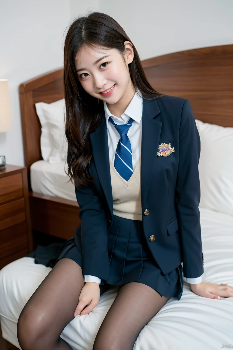 (8K), (highest quality: 1.2), (realistic), (realistic: 1.37), ultra high resolution, 1 girl, cute, smile, closed mouth, beautiful details, beautiful nose, wet hair, giant dulcefo, pork, thighs，Self snap,college uniform,simple blazer,pleated skirt,Are standing,opaque tights,(8K), (highest quality: 1.2), (realistic), (realistic: 1.37), ultra high resolution, 1 girl, cute, smile, closed mouth, beautiful details, beautiful nose, wet hair, giant dulcefo, pork, thighs，Self snap,college uniform,simple blazer,pleated skirt,opaque tights,bed,spread your legs ,skirt lift, From above
