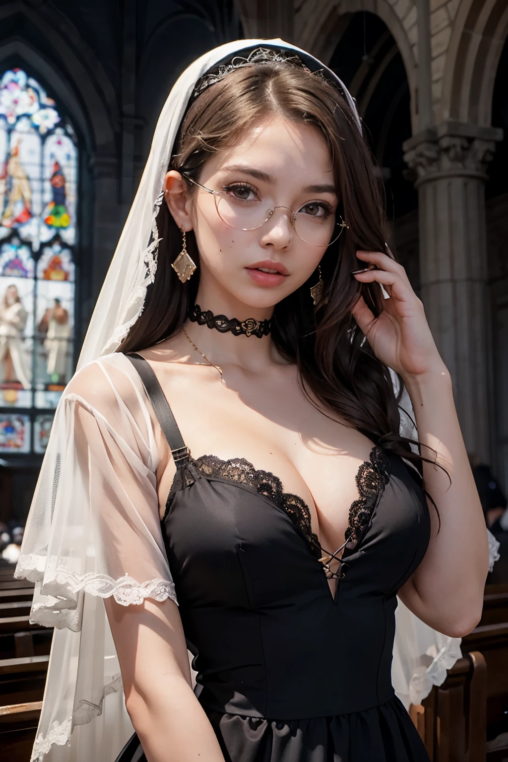 1girl, solo, long hair, breasts, looking at viewer, large breasts, brown hair, dress, cleavage, brown eyes, jewelry, collarbone, upper body, short sleeves, earrings, frills, parted lips, glasses, choker, artist name, indoors, hand up, mole, blurry, black dress, lips, blurry background, veil, lace trim, lace, mole on breast, realistic, nun, church