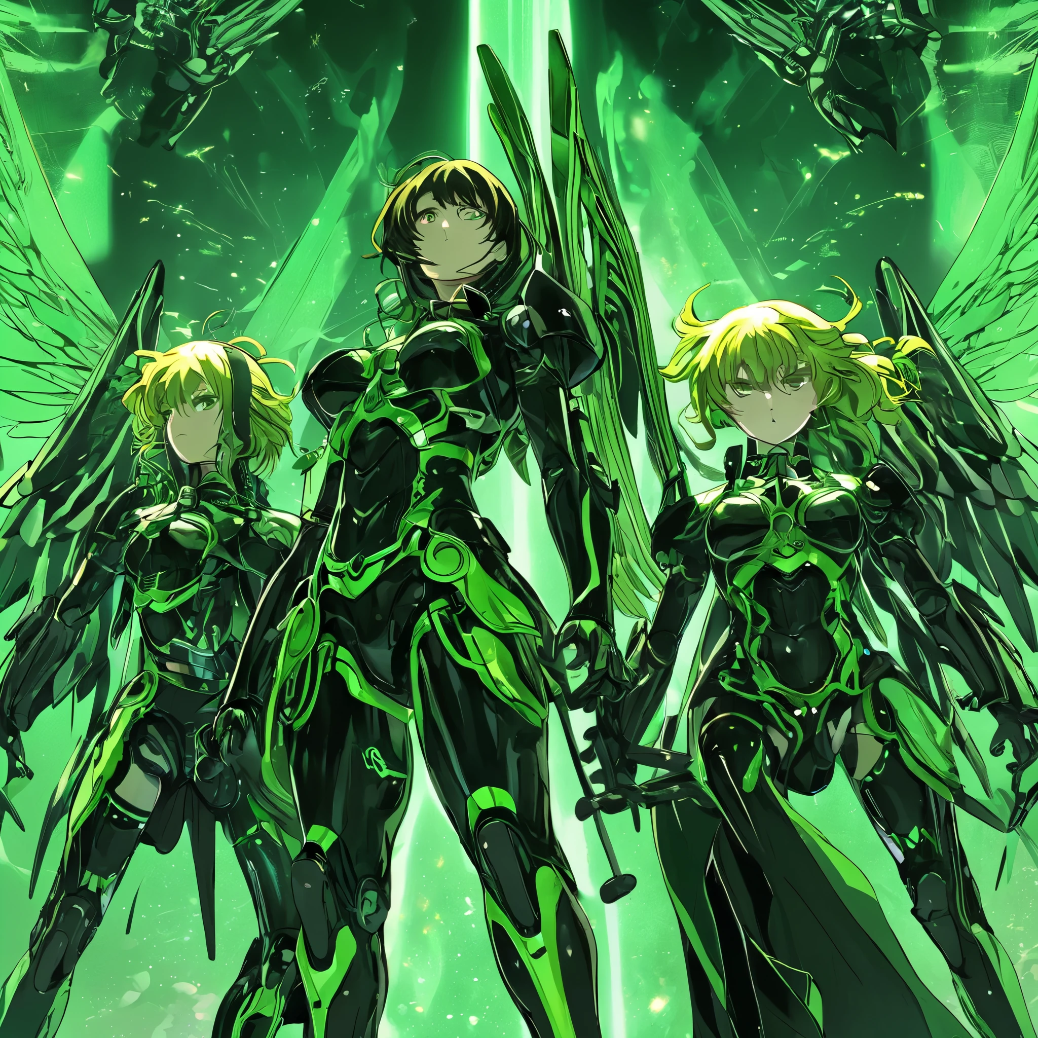 iron angels in green and black, anime style, key visual, vibrant, studio anime, highly detailed"
