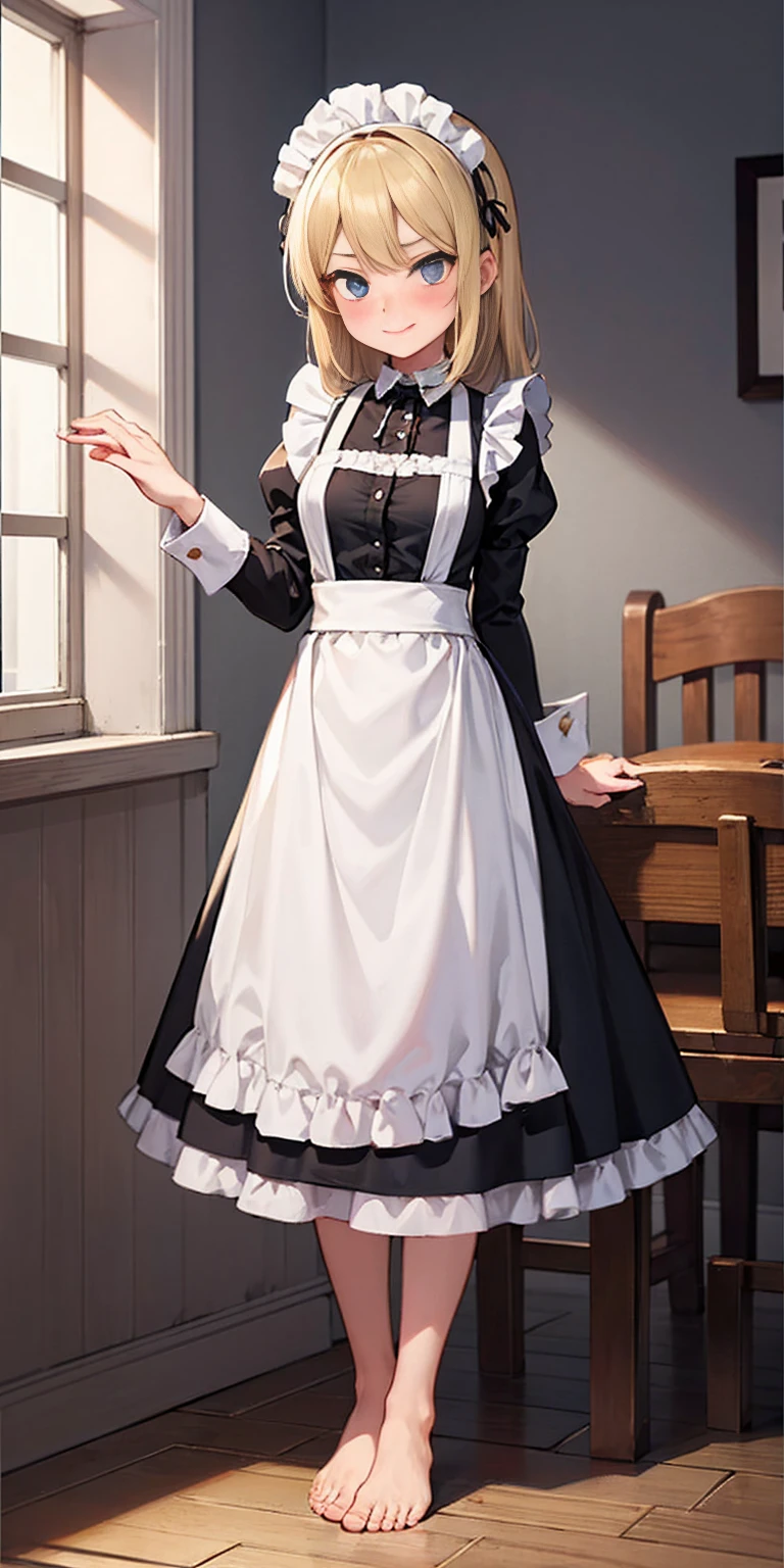 1girl, cute, ((Short black hair girl and long blonde hair girl)), maid victorian, maid apron, straight face, dazed, Body position: Standing, straight, symmetrical, barefoot, Lustful smile on face with red blush