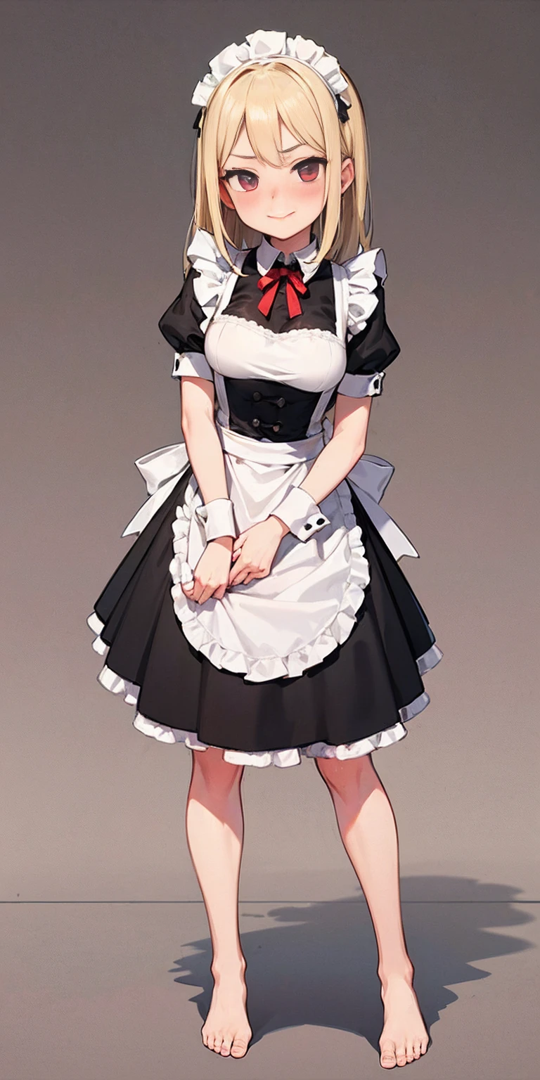 1girl, cute, ((Short black hair girl and long blonde hair girl)), maid victorian, maid apron, straight face, dazed, Body position: Standing, straight, symmetrical, barefoot, Lustful smile on face with red blush