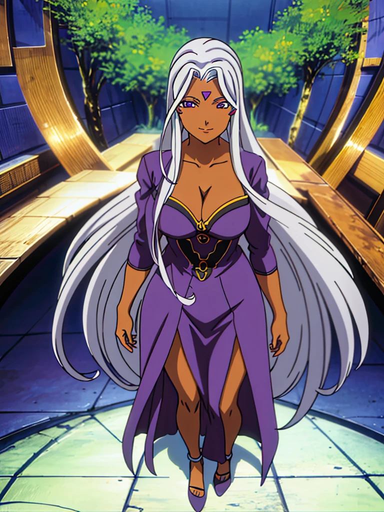 Urd, 1girl, solo, dark skin, purple color eyes, cleavage, smile, goddess outfit, standing, full body, perfect quality, good quality, masterpiece, HDR, UHD