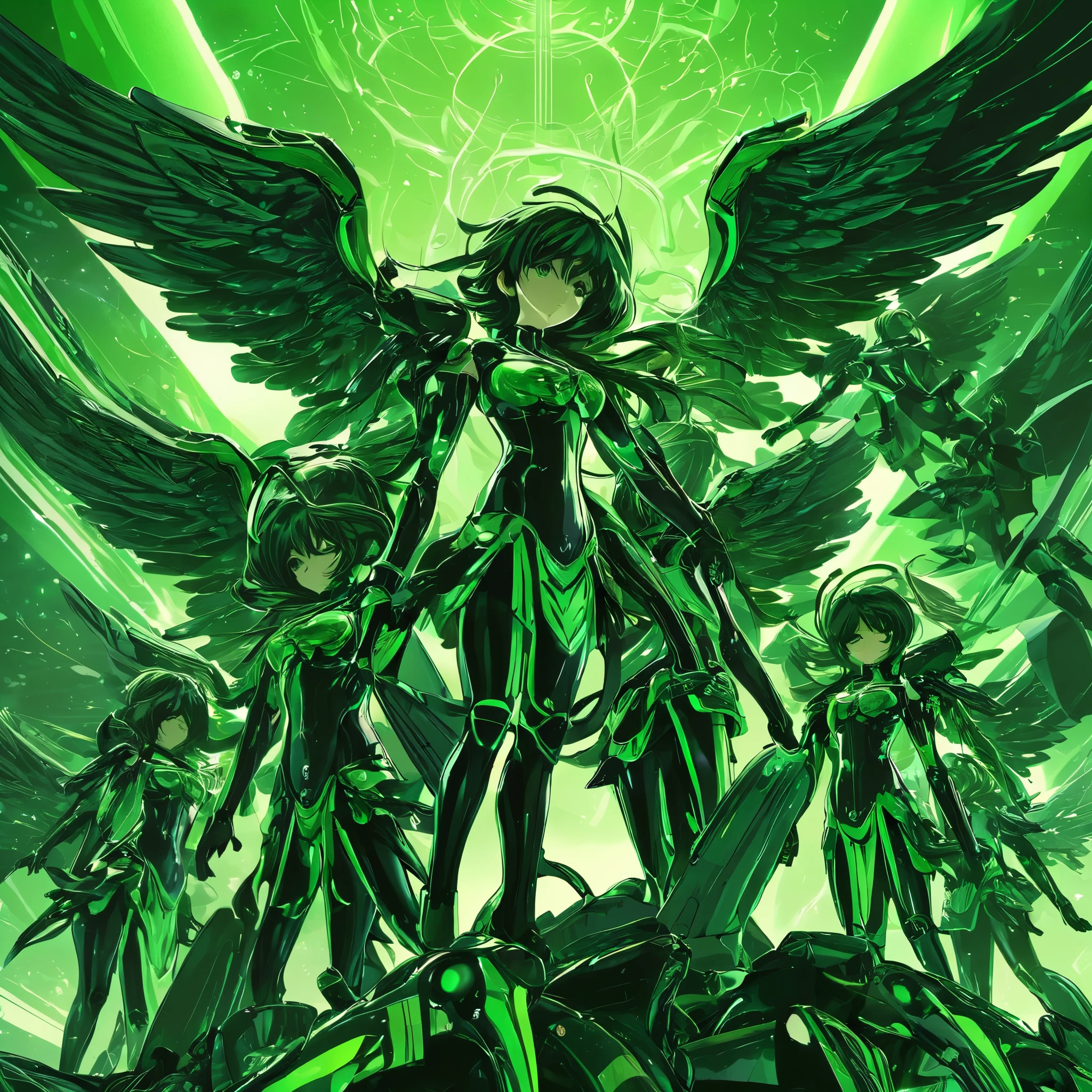 iron angels in green and black, anime style, key visual, vibrant, studio anime, highly detailed"
