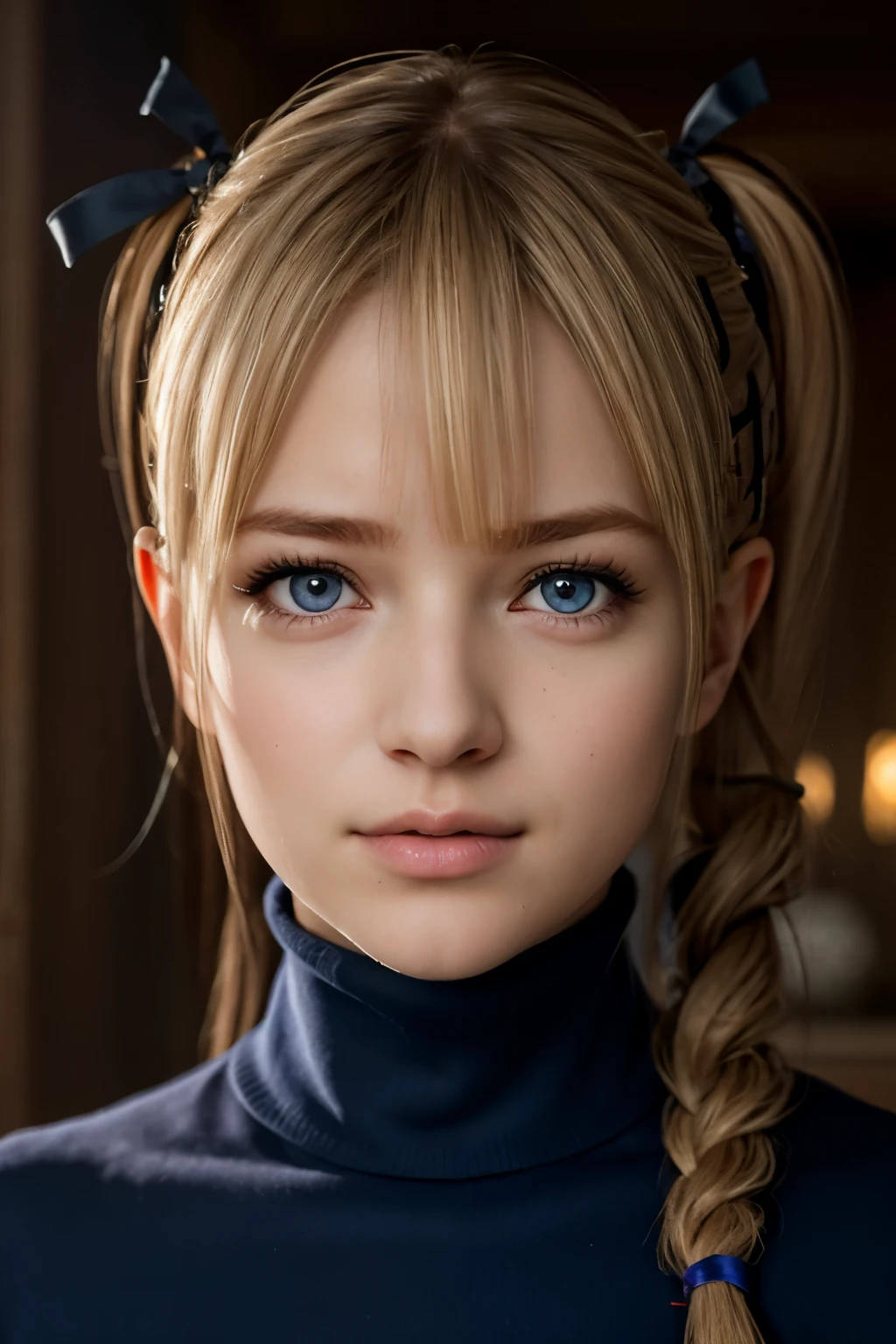 A stunning and intricate full color, Ultra-HD portrait of an 18 year old girl, long blonde hair, held in two pigtails, dark blue eyes, detailed face, dressed in a black sweater, epic character composition, alessio albi , nina masic, sharp focus, natural lighting, subsurface dispersion, f2, 35mm