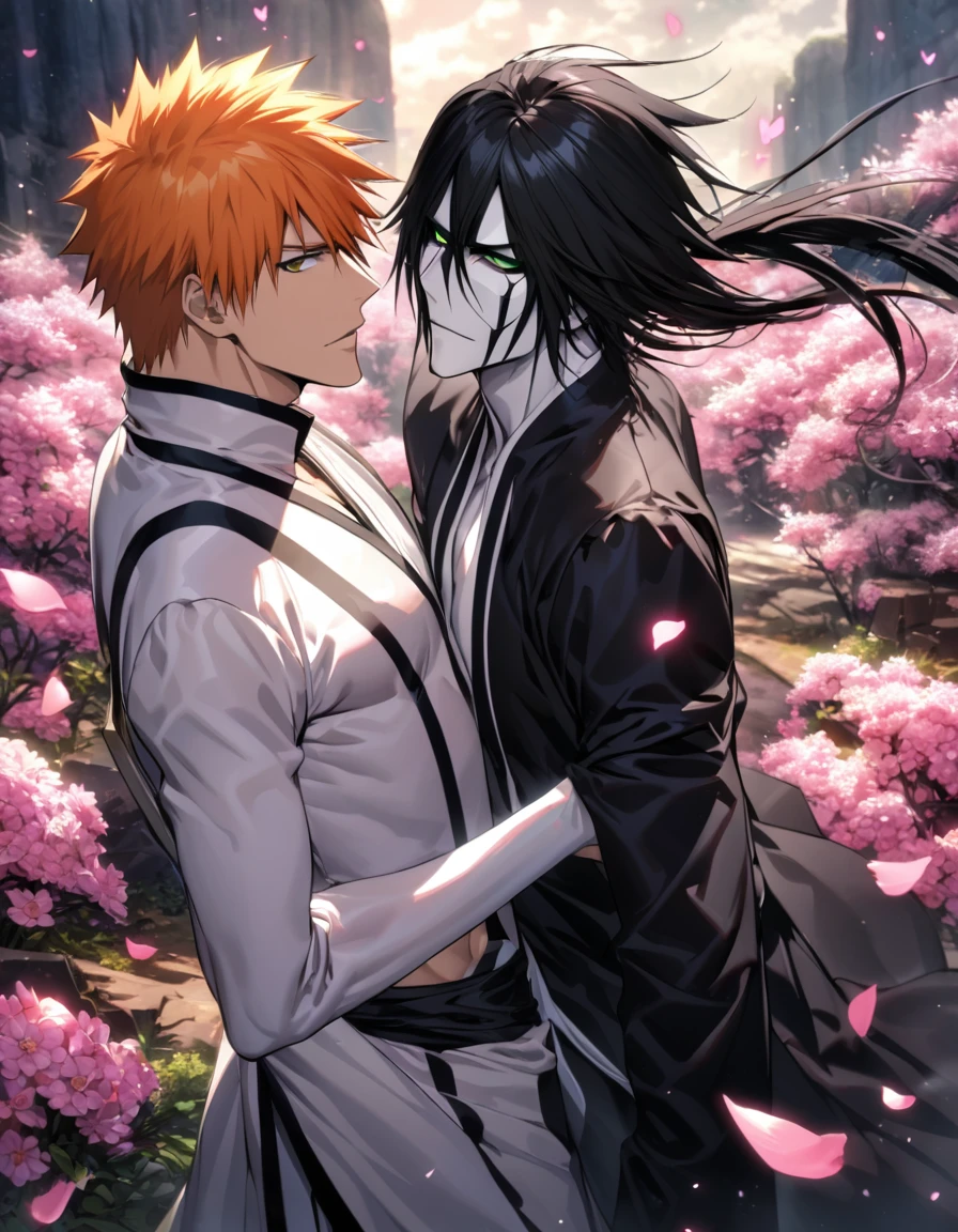 absurdres, highres, ultra detailed, HDR), master piece, best quality, Kurosaki Ichigo, orange hair, vibrant brown eyes, shinigami clothes, Bleach, Ulquiorra Cifer, black hair, hair between the eyes, vibrant green eyes, arrancar clothes, 2men together, gay, handsome, pink flowers, pink butterflies, pink petals