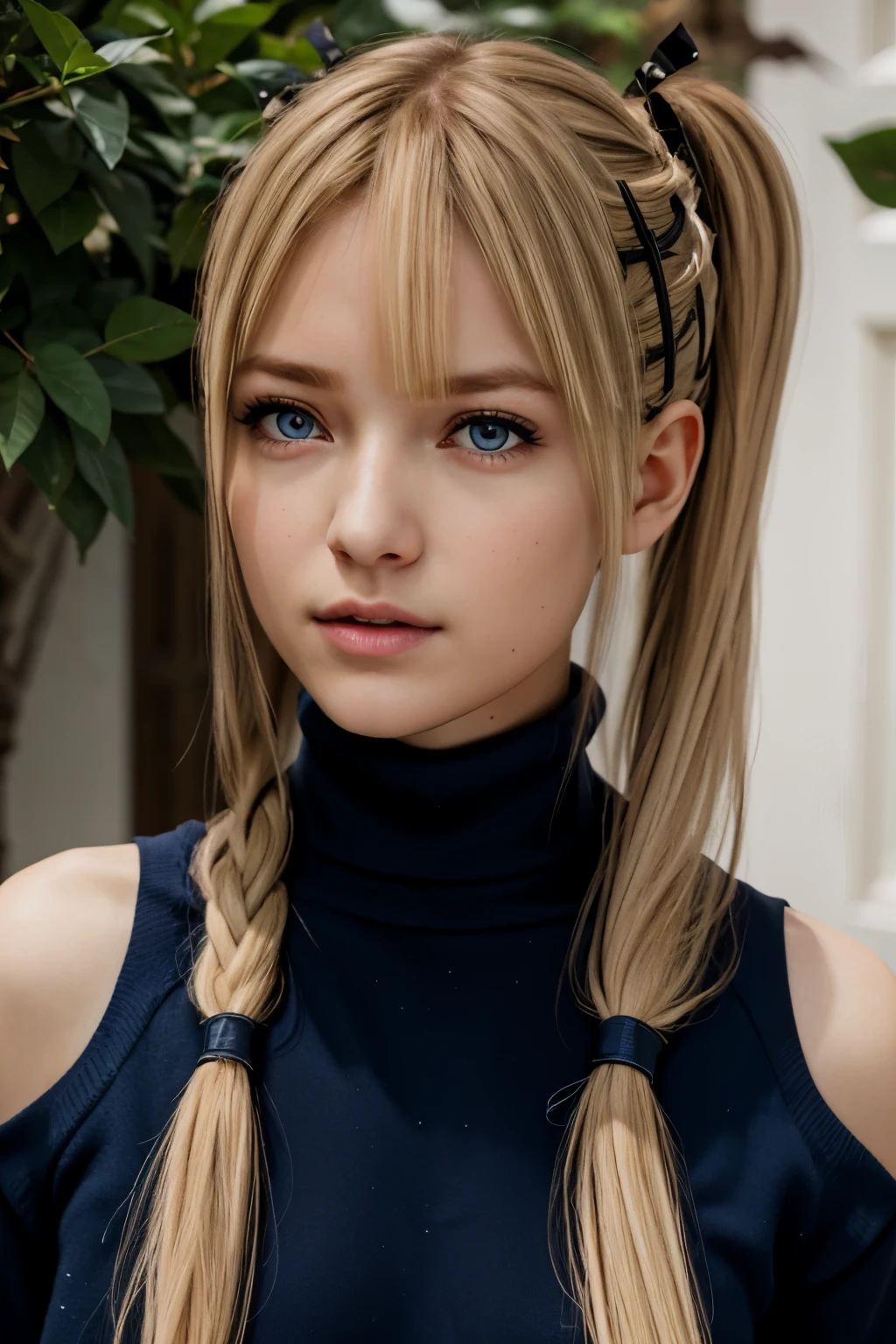 A stunning and intricate full color, Ultra-HD portrait of an 18 year old girl, long blonde hair, held in two pigtails, dark blue eyes, detailed face, dressed in a black sweater, epic character composition, alessio albi , nina masic, sharp focus, natural lighting, subsurface dispersion, f2, 35mm