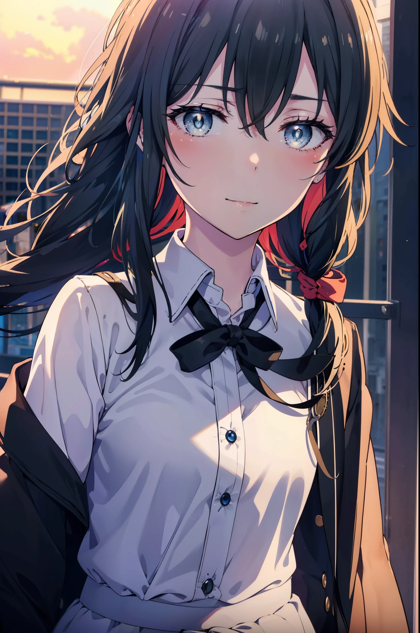 yukinoyukinoshita, yukino yukinoshita, black hair, blue eyes, long hair,short braided hair,ponytail, Ahoge,OL, happy smile, smile, open your mouth,red glasses, end, black suit jacket, collared jacket, white dress shirt, collared shirt, neckline, button, strap, ID card on neck, black pencil skirt, black pantyhose,stiletto heels,morning,morning日,the sun is rising,So that the whole body goes into the illustration,
break outdoors, In town,building street,
break looking at viewer, (cowboy shot:1.5),
break (masterpiece:1.2), highest quality, High resolution, unity 8k wallpaper, (figure:0.8), (detailed and beautiful eyes:1.6), highly detailed face, perfect lighting, Very detailed CG, (perfect hands, perfect anatomy),