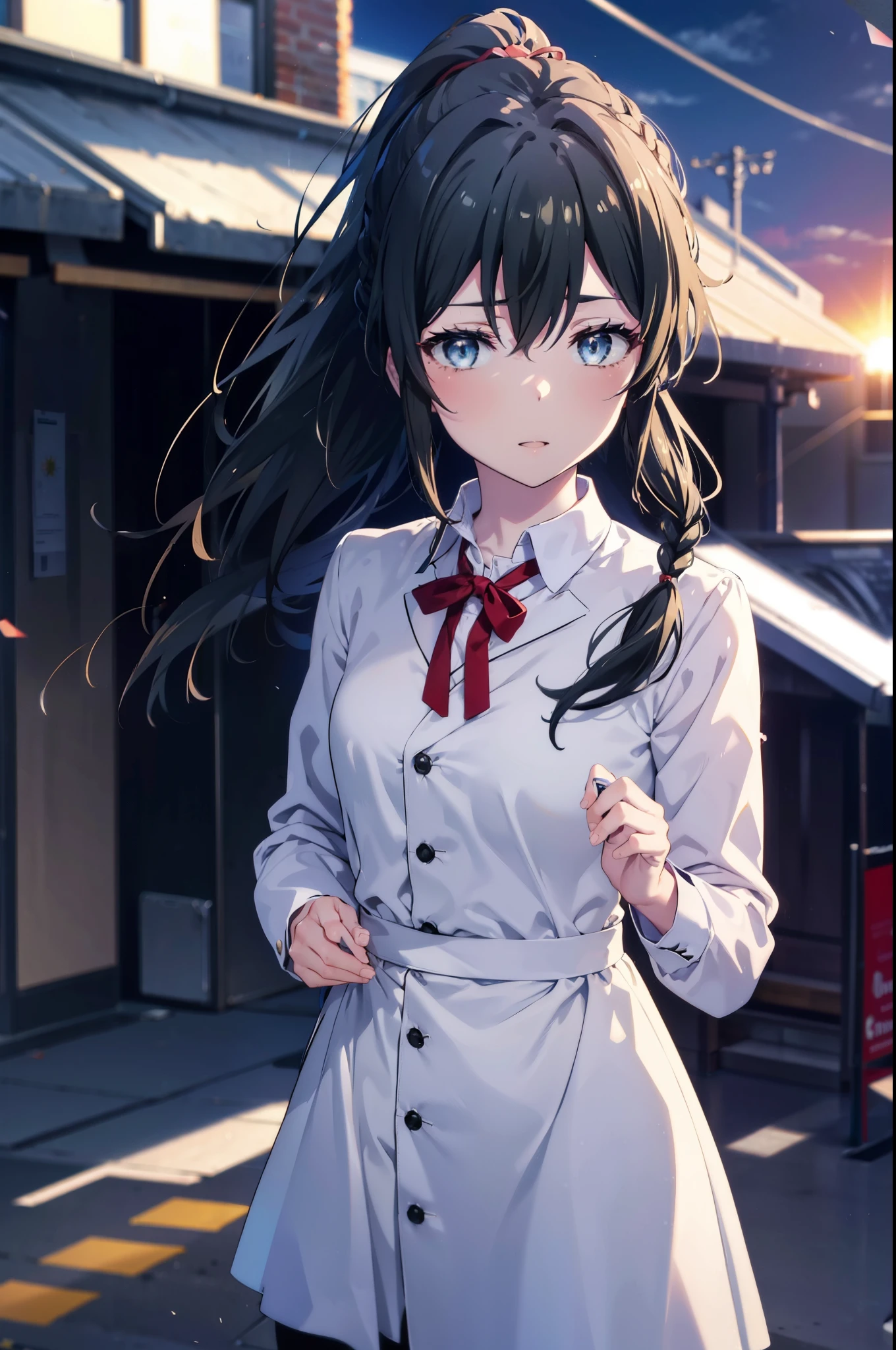 yukinoyukinoshita, yukino yukinoshita, black hair, blue eyes, long hair,short braided hair,ponytail, Ahoge,OL, happy smile, smile, open your mouth,red glasses, end, black suit jacket, collared jacket, white dress shirt, collared shirt, neckline, button, strap, ID card on neck, black pencil skirt, black pantyhose,stiletto heels,morning,morning日,the sun is rising,So that the whole body goes into the illustration,
break outdoors, In town,building street,
break looking at viewer, (cowboy shot:1.5),
break (masterpiece:1.2), highest quality, High resolution, unity 8k wallpaper, (figure:0.8), (detailed and beautiful eyes:1.6), highly detailed face, perfect lighting, Very detailed CG, (perfect hands, perfect anatomy),