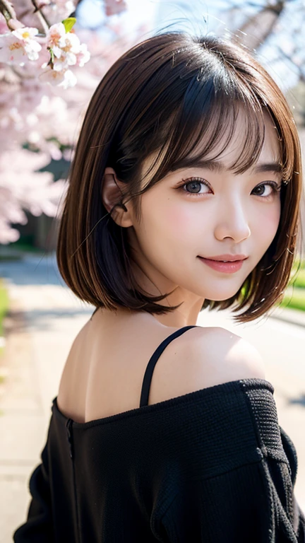 (((close up of face)))、(((Absolutely shoulder-length brown hair straight short bob)))、(((She is posing like a hair salon model with a row of cherry blossom trees in the background.)))、(((casual black winter long sleeve clothes)))、Half Japanese and Korean、18 year old girl、standing alone、facing forward、light eye makeup、brown hair color、flat and 、hair blowing in the wind、actress quality、Shiny, ultra-realistic face、smiling expression、Moist eyes、looking up、subdued lighting effects、 ultra-realistic capture、very detailed、High resolution 16K close-up of human skin。Skin texture must be natural、Must be so detailed that pores can be identified、skin is healthy、Must have an even tone、use natural light and colors、Old-fashioned high-quality images taken by a model agency's exclusive photographer、smile
