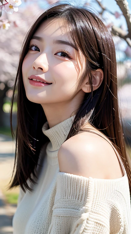 (((close up of face)))、(((Absolutely shoulder-length brown hair straight short bob)))、(((She is posing like a hair salon model with a row of cherry blossom trees in the background.)))、(((casual black winter long sleeve clothes)))、Half Japanese and Korean、18 year old girl、standing alone、facing forward、light eye makeup、brown hair color、flat and 、hair blowing in the wind、actress quality、Shiny, ultra-realistic face、smiling expression、Moist eyes、looking up、subdued lighting effects、 ultra-realistic capture、very detailed、High resolution 16K close-up of human skin。Skin texture must be natural、Must be so detailed that pores can be identified、skin is healthy、Must have an even tone、use natural light and colors、Old-fashioned high-quality images taken by a model agency&#39;s exclusive photographer、smile
