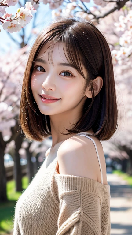 (((close up of face)))、(((Absolutely shoulder-length brown hair straight short bob)))、(((She is posing like a hair salon model with a row of cherry blossom trees in the background.)))、(((casual black winter long sleeve clothes)))、Half Japanese and Korean、18 year old girl、standing alone、facing forward、light eye makeup、brown hair color、flat and 、hair blowing in the wind、actress quality、Shiny, ultra-realistic face、smiling expression、Moist eyes、looking up、subdued lighting effects、 ultra-realistic capture、very detailed、High resolution 16K close-up of human skin。Skin texture must be natural、Must be so detailed that pores can be identified、skin is healthy、Must have an even tone、use natural light and colors、Old-fashioned high-quality images taken by a model agency's exclusive photographer、smile