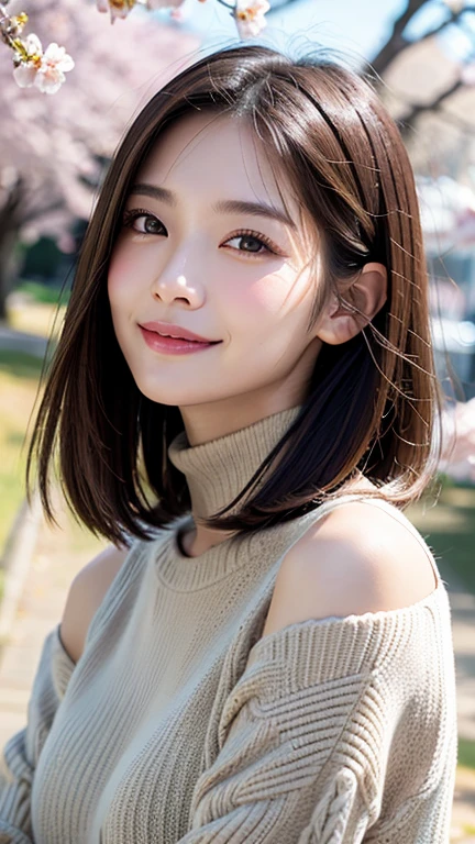 (((close up of face)))、(((Absolutely shoulder-length brown hair straight short bob)))、(((She is posing like a hair salon model with a row of cherry blossom trees in the background.)))、(((casual black winter long sleeve clothes)))、Half Japanese and Korean、18 year old girl、standing alone、facing forward、light eye makeup、brown hair color、flat and 、hair blowing in the wind、actress quality、Shiny, ultra-realistic face、smiling expression、Moist eyes、looking up、subdued lighting effects、 ultra-realistic capture、very detailed、High resolution 16K close-up of human skin。Skin texture must be natural、Must be so detailed that pores can be identified、skin is healthy、Must have an even tone、use natural light and colors、Old-fashioned high-quality images taken by a model agency's exclusive photographer、smile