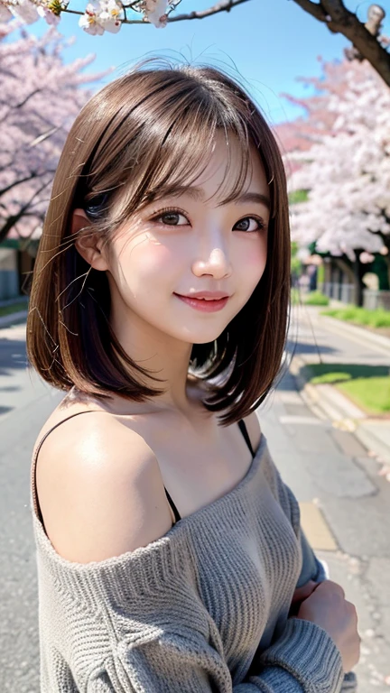 (((close up of face)))、(((Absolutely shoulder-length brown hair straight short bob)))、(((She is posing like a hair salon model with a row of cherry blossom trees in the background.)))、(((casual black winter long sleeve clothes)))、Half Japanese and Korean、18 year old girl、standing alone、facing forward、light eye makeup、brown hair color、flat and 、hair blowing in the wind、actress quality、Shiny, ultra-realistic face、smiling expression、Moist eyes、looking up、subdued lighting effects、 ultra-realistic capture、very detailed、High resolution 16K close-up of human skin。Skin texture must be natural、Must be so detailed that pores can be identified、skin is healthy、Must have an even tone、use natural light and colors、Old-fashioned high-quality images taken by a model agency&#39;s exclusive photographer、smile
