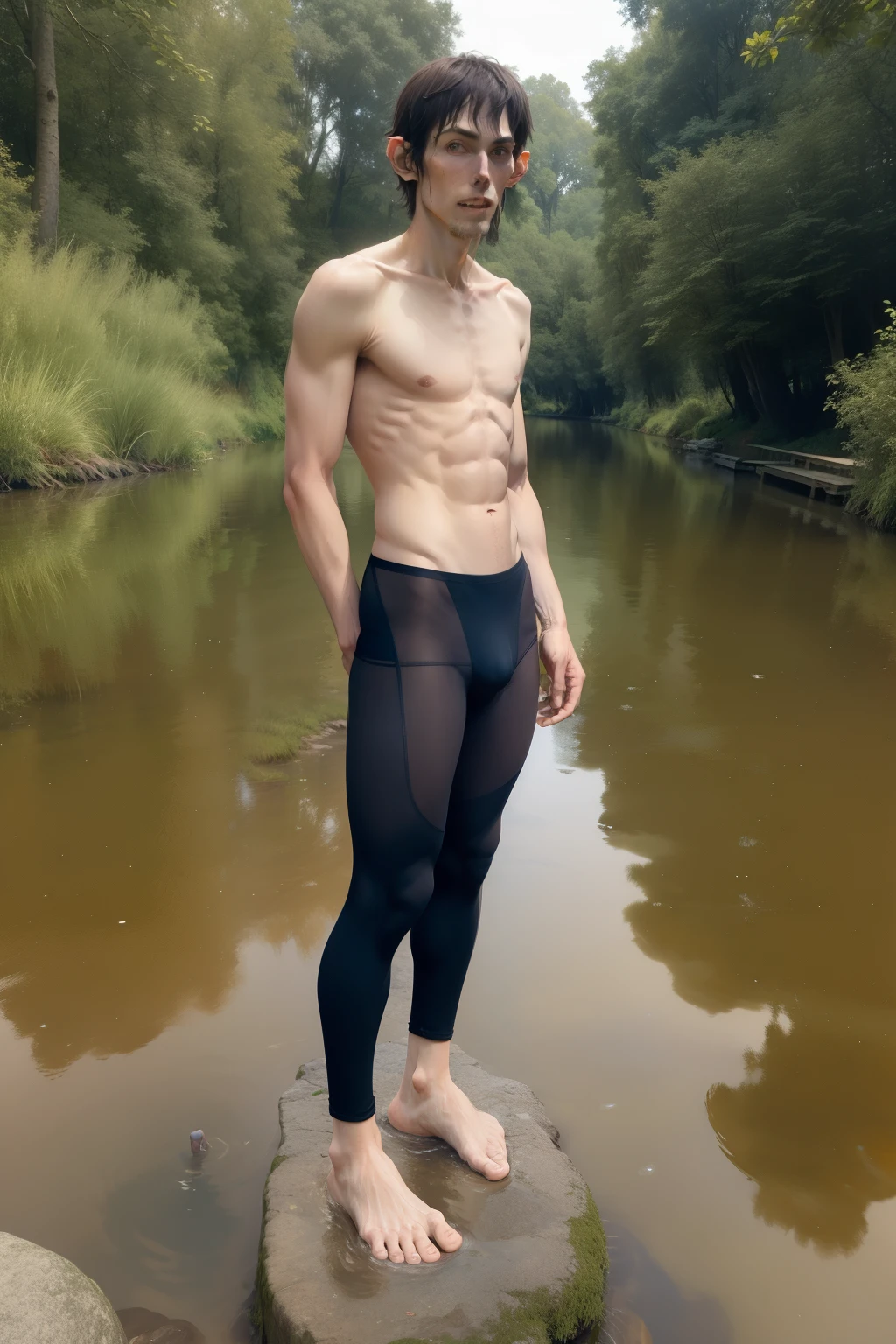 very tall lanky male with a goblin nose and huge feet, wearing a thong, standing by the river dipping his toes into the water
