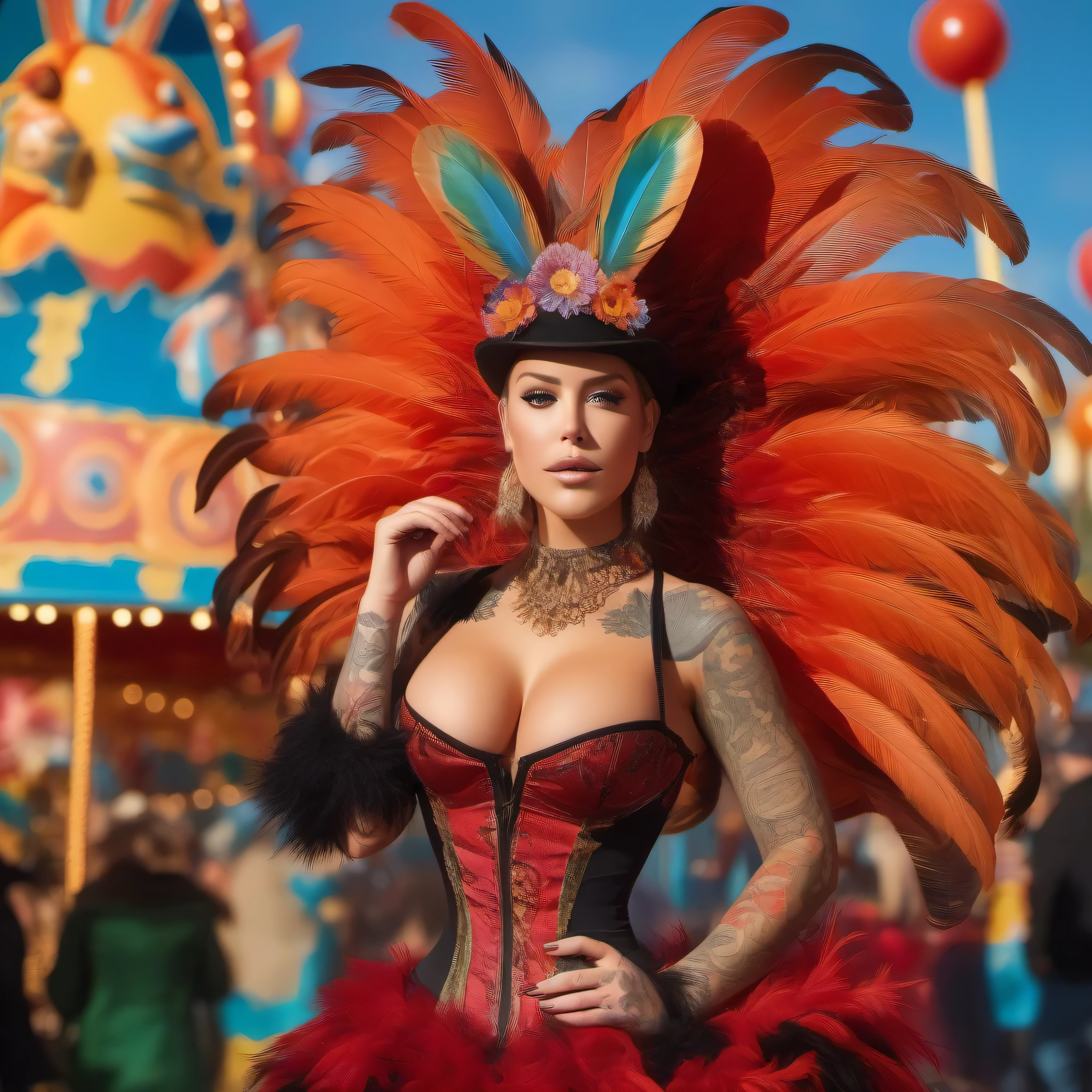 "Imagine Laurence Bedard amidst the vibrant energy of an Easter carnival, dressed in a playful yet alluring carnival-inspired costume. She wears a colorful corset adorned with feathers and sequins, paired with fishnet stockings and thigh-high boots. Laurence poses provocatively against a backdrop of whimsical carnival rides and festive decorations, her sultry gaze captivating the viewer. Her full-body tattoo is prominently displayed, adding an edgy allure to her festive ensemble."
