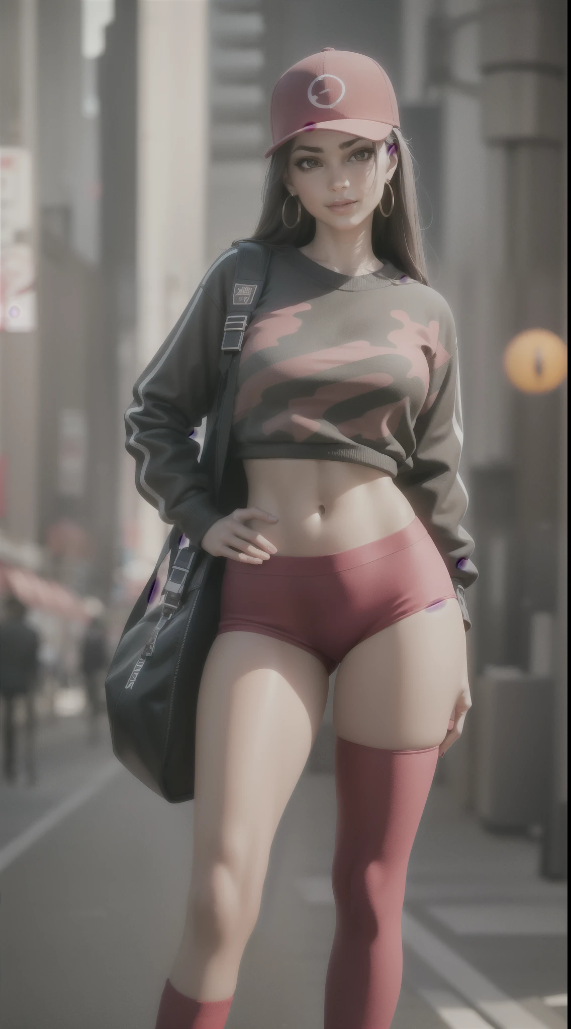 1girl, beautiful,  smirk, wearing a hat, earrings, red camo sweatshirt, red_legwear, long hair, brown hair, mascara, nose lips, standing, midriff, naval, earrings, (realistic:1.5), cyberpunk, neon city, neon lights, 3d, cgi, volumetric lightning