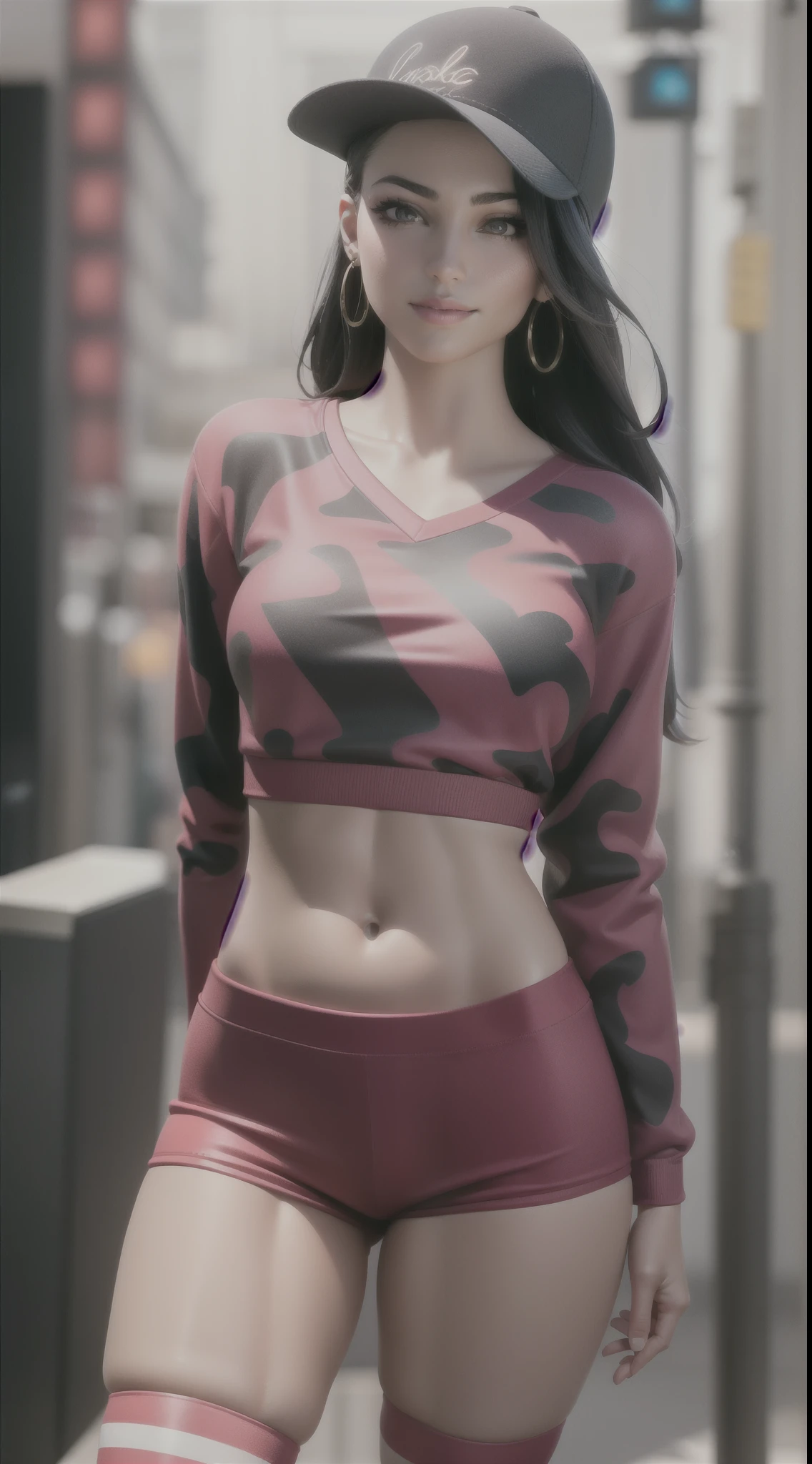 1girl, beautiful, smirk, wearing a hat, earrings, red camo sweatshirt, red_legwear, long hair, brown hair, mascara, nose lips, standing, midriff, naval, earrings, (realistic:1.5), cyberpunk, neon city, neon lights, 3d, cgi, volumetric lightning