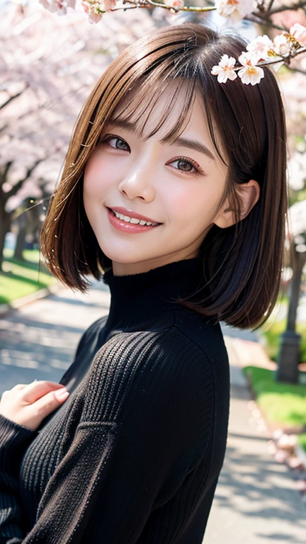 (((close up of face)))、(((Absolutely shoulder-length brown hair straight short bob)))、(((She is posing like a hair salon model with a row of cherry blossom trees in the background.)))、(((casual black winter long sleeve clothes)))、Half Japanese and Korean、18 year old girl、standing alone、facing forward、light eye makeup、brown hair color、flat and 、hair blowing in the wind、actress quality、Shiny, ultra-realistic face、smiling expression、Moist eyes、looking up、subdued lighting effects、 ultra-realistic capture、very detailed、High resolution 16K close-up of human skin。Skin texture must be natural、Must be so detailed that pores can be identified、skin is healthy、Must have an even tone、use natural light and colors、Old-fashioned high-quality images taken by a model agency&#39;s exclusive photographer、smile
