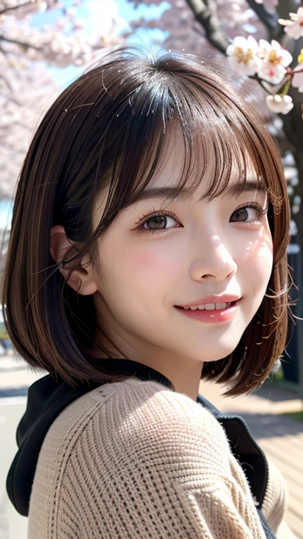 (((close up of face)))、(((Absolutely shoulder-length brown hair straight short bob)))、(((She is posing like a hair salon model with a row of cherry blossom trees in the background.)))、(((casual black winter long sleeve clothes)))、Half Japanese and Korean、18 year old girl、standing alone、facing forward、light eye makeup、brown hair color、flat and 、hair blowing in the wind、actress quality、Shiny, ultra-realistic face、smiling expression、Moist eyes、looking up、subdued lighting effects、 ultra-realistic capture、very detailed、High resolution 16K close-up of human skin。Skin texture must be natural、Must be so detailed that pores can be identified、skin is healthy、Must have an even tone、use natural light and colors、Old-fashioned high-quality images taken by a model agency&#39;s exclusive photographer、smile
