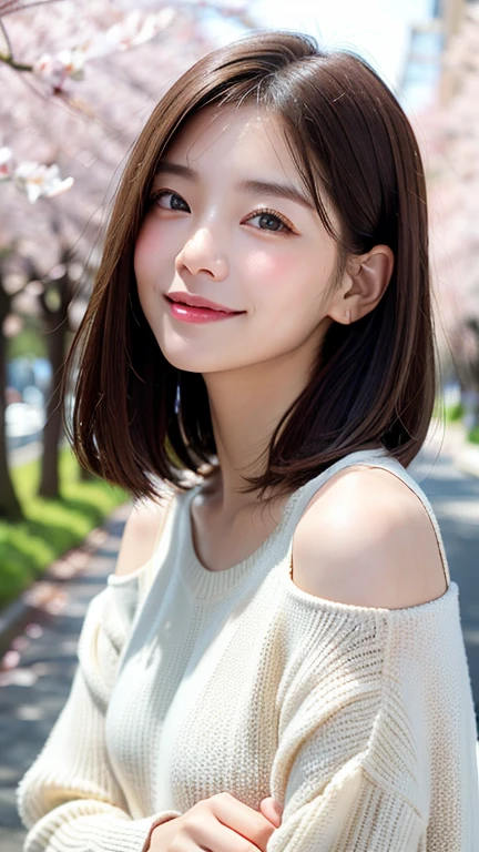 (((close up of face)))、(((Absolutely shoulder-length brown hair straight short bob)))、(((She is posing like a hair salon model with a row of cherry blossom trees in the background.)))、(((casual black winter long sleeve clothes)))、Half Japanese and Korean、18 year old girl、standing alone、facing forward、light eye makeup、brown hair color、flat and 、hair blowing in the wind、actress quality、Shiny, ultra-realistic face、smiling expression、Moist eyes、looking up、subdued lighting effects、 ultra-realistic capture、very detailed、High resolution 16K close-up of human skin。Skin texture must be natural、Must be so detailed that pores can be identified、skin is healthy、Must have an even tone、use natural light and colors、Old-fashioned high-quality images taken by a model agency's exclusive photographer、smile