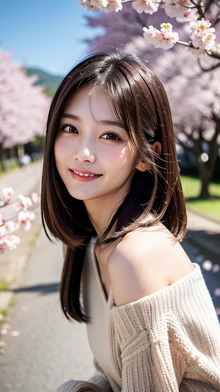 (((close up of face)))、(((Absolutely shoulder-length brown hair straight short bob)))、(((She is posing like a hair salon model with a row of cherry blossom trees in the background.)))、(((casual black winter long sleeve clothes)))、Half Japanese and Korean、18 year old girl、standing alone、facing forward、light eye makeup、brown hair color、flat and 、hair blowing in the wind、actress quality、Shiny, ultra-realistic face、smiling expression、Moist eyes、looking up、subdued lighting effects、 ultra-realistic capture、very detailed、High resolution 16K close-up of human skin。Skin texture must be natural、Must be so detailed that pores can be identified、skin is healthy、Must have an even tone、use natural light and colors、Old-fashioned high-quality images taken by a model agency&#39;s exclusive photographer、smile

