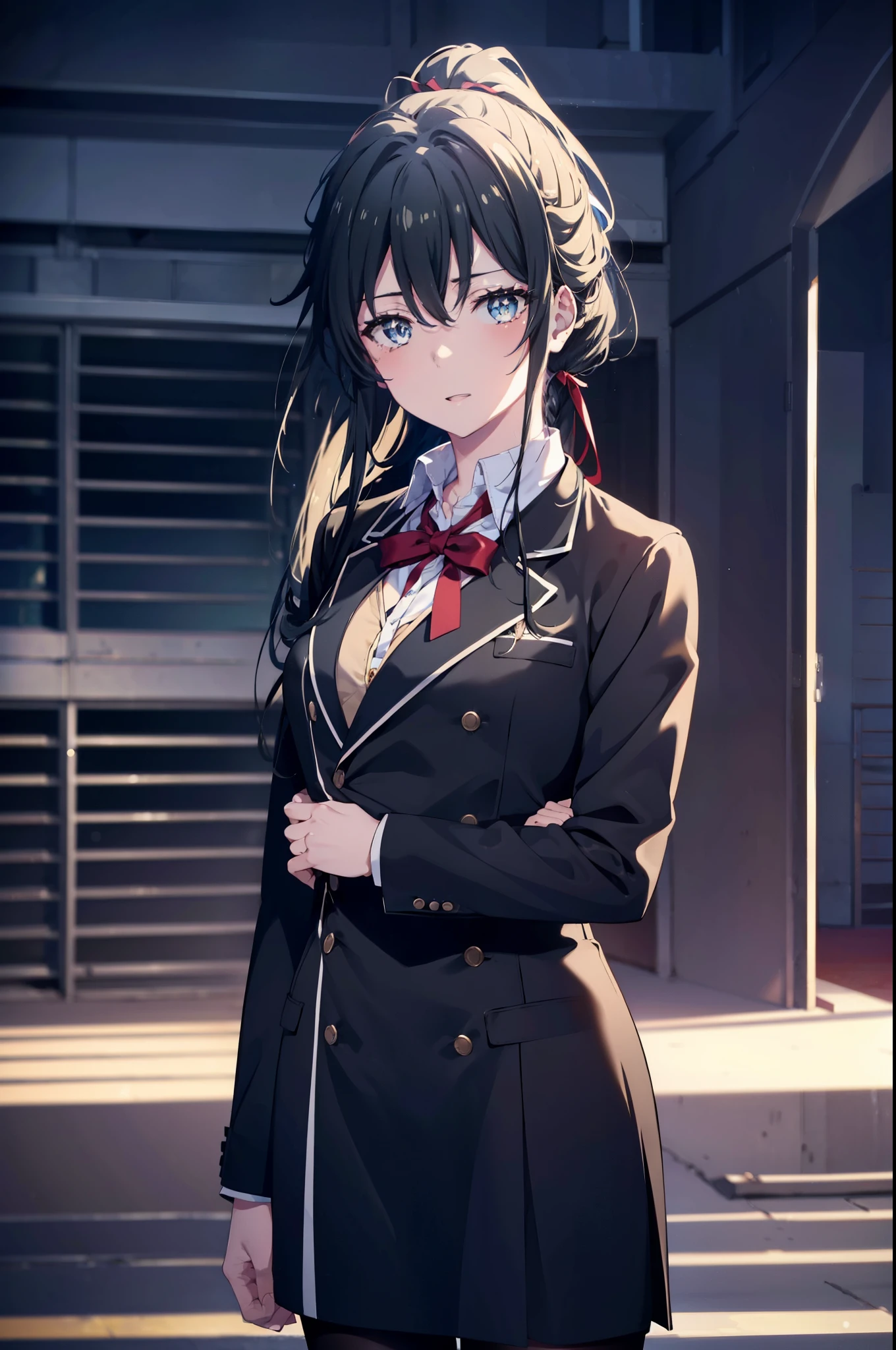 yukinoyukinoshita, yukino yukinoshita, black hair, blue eyes, long hair,short braided hair,ponytail, Ahoge,OL, happy smile, smile, open your mouth,red glasses, end, black suit jacket, collared jacket, white dress shirt, collared shirt, neckline, button, strap, ID card on neck, black pencil skirt, black pantyhose,stiletto heels,morning,morning日,the sun is rising,So that the whole body goes into the illustration,
break outdoors, In town,building street,
break looking at viewer, (cowboy shot:1.5),
break (masterpiece:1.2), highest quality, High resolution, unity 8k wallpaper, (figure:0.8), (detailed and beautiful eyes:1.6), highly detailed face, perfect lighting, Very detailed CG, (perfect hands, perfect anatomy),