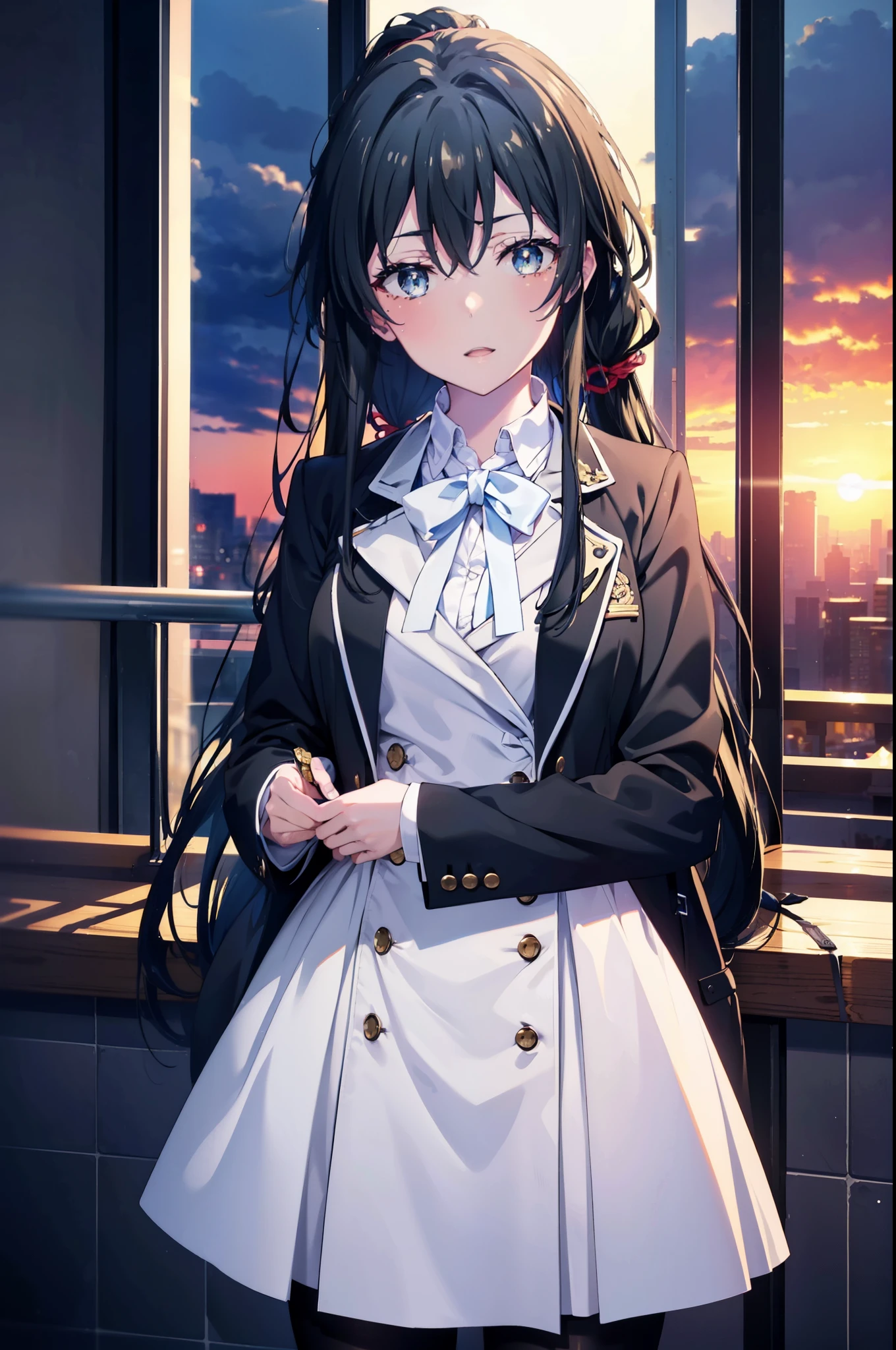 yukinoyukinoshita, yukino yukinoshita, black hair, blue eyes, long hair,short braided hair,ponytail, Ahoge,OL, happy smile, smile, open your mouth,red glasses, end, black suit jacket, collared jacket, white dress shirt, collared shirt, neckline, button, strap, ID card on neck, black pencil skirt, black pantyhose,stiletto heels,morning,morning日,the sun is rising,So that the whole body goes into the illustration,
break outdoors, In town,building street,
break looking at viewer, (cowboy shot:1.5),
break (masterpiece:1.2), highest quality, High resolution, unity 8k wallpaper, (figure:0.8), (detailed and beautiful eyes:1.6), highly detailed face, perfect lighting, Very detailed CG, (perfect hands, perfect anatomy),