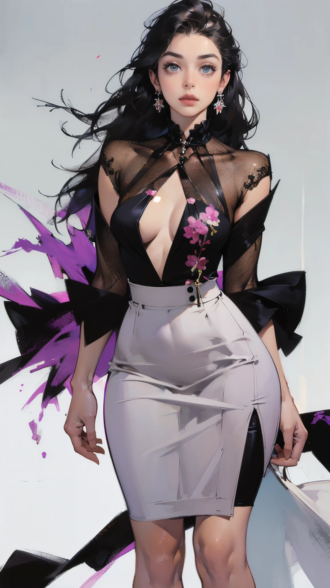 ((best quality,4k,highres,masterpiece:1.2)),((character concept art)), 1 female, 33-year-old university teacher, ((elegant, ethereal beauty)), brunette hair, (fair skin colour), ultra finely detailed eyes (hazel eyes colour), hot, intelligent, educational enthusiast, slim body build, ((intricate detail)), super finely detailed hands, ultra finely detailed fingers(((ten fingers))), wearing outfit:((form-fitting blouse, pencil skirt, heels)), (standing professionally), (full body showcase), (show full body), (no logos on background), (no logo), ((plain background)), ((plain background)), (((empty background)))