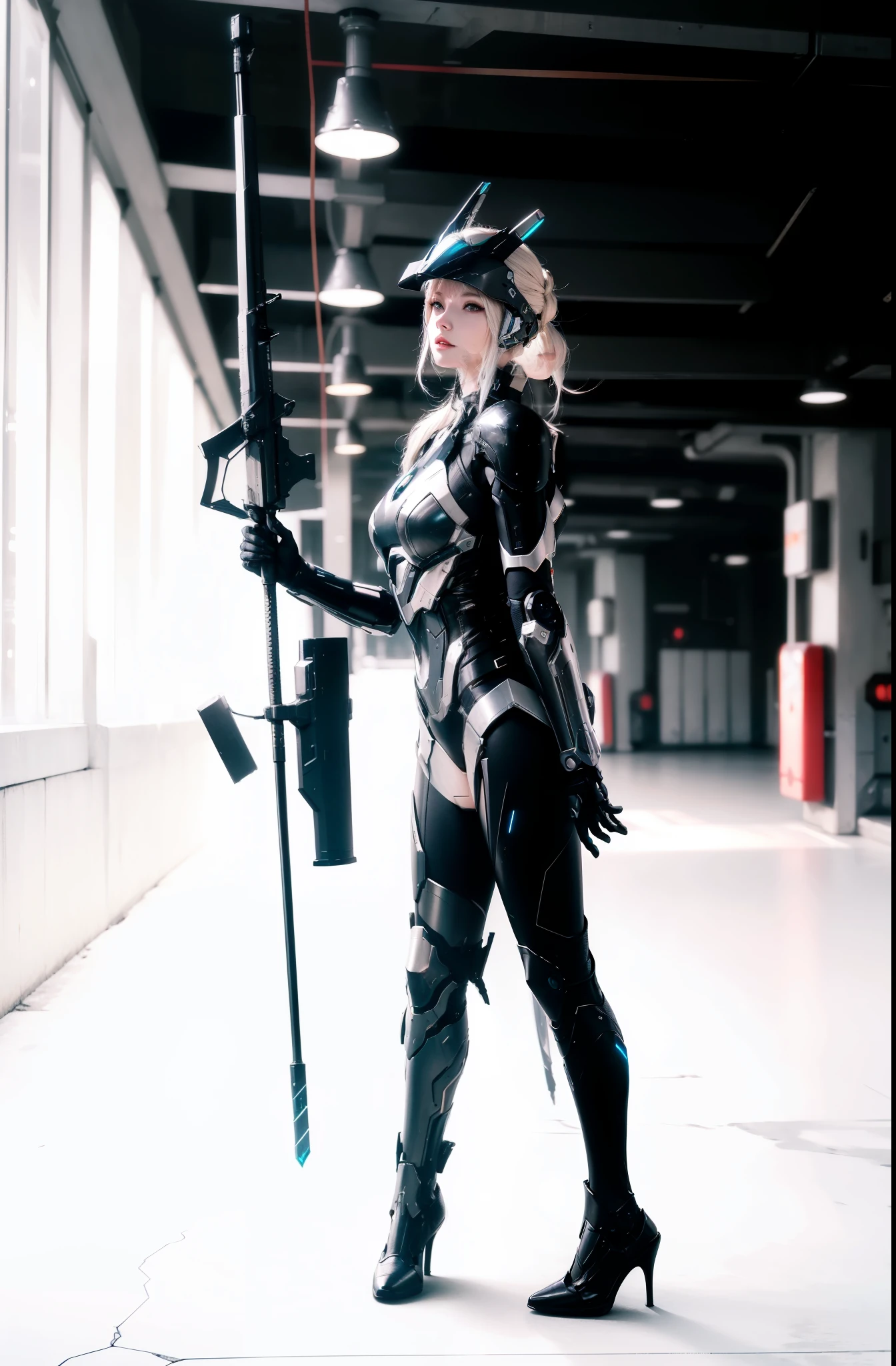 futuristic high tech style,best quality,fairy skin,(every time :1.2),Everlasting,super detailed,actual,high quality,Light,Light线追踪,ultra high definition,upper part of body, Future Iron Man mecha,shooting,Battery,Launching equipment,large caliber artillery,Rostland 8K,armored girl,Wearing a cyberpunk technology helmet,Star Warframe Helmet,With breathing Light,The armor of the future shines,armed cannon,high-tech armor,helmet,Stand sideways,Holding a spear in hand
