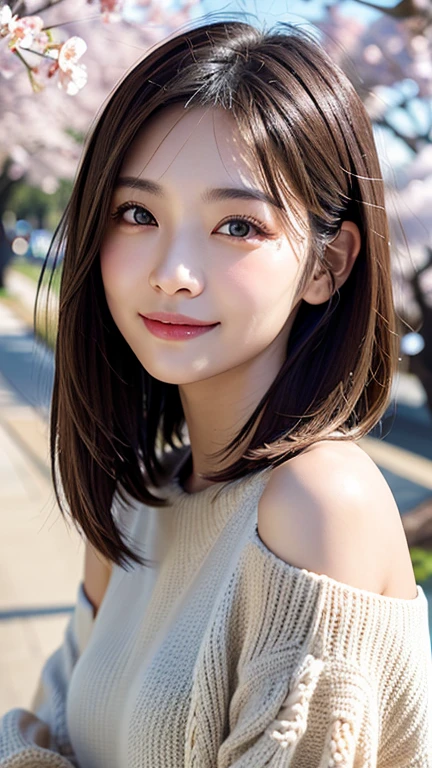 (((close up of face)))、(((Absolutely shoulder-length brown hair straight short bob)))、(((She is posing like a hair salon model with a row of cherry blossom trees in the background.)))、(((casual black winter long sleeve clothes)))、Half Japanese and Korean、18 year old girl、standing alone、facing forward、light eye makeup、brown hair color、flat and 、hair blowing in the wind、actress quality、Shiny, ultra-realistic face、smiling expression、Moist eyes、looking up、subdued lighting effects、 ultra-realistic capture、very detailed、High resolution 16K close-up of human skin。Skin texture must be natural、Must be so detailed that pores can be identified、skin is healthy、Must have an even tone、use natural light and colors、Old-fashioned high-quality images taken by a model agency's exclusive photographer、smile