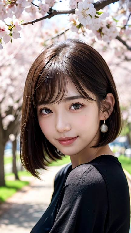(((close up of face)))、(((Absolutely shoulder-length brown hair straight short bob)))、(((She is posing like a hair salon model with a row of cherry blossom trees in the background.)))、(((casual black winter long sleeve clothes)))、Half Japanese and Korean、18 year old girl、standing alone、facing forward、light eye makeup、brown hair color、flat and 、hair blowing in the wind、actress quality、Shiny, ultra-realistic face、smiling expression、Moist eyes、looking up、subdued lighting effects、 ultra-realistic capture、very detailed、High resolution 16K close-up of human skin。Skin texture must be natural、Must be so detailed that pores can be identified、skin is healthy、Must have an even tone、use natural light and colors、Old-fashioned high-quality images taken by a model agency's exclusive photographer、smile