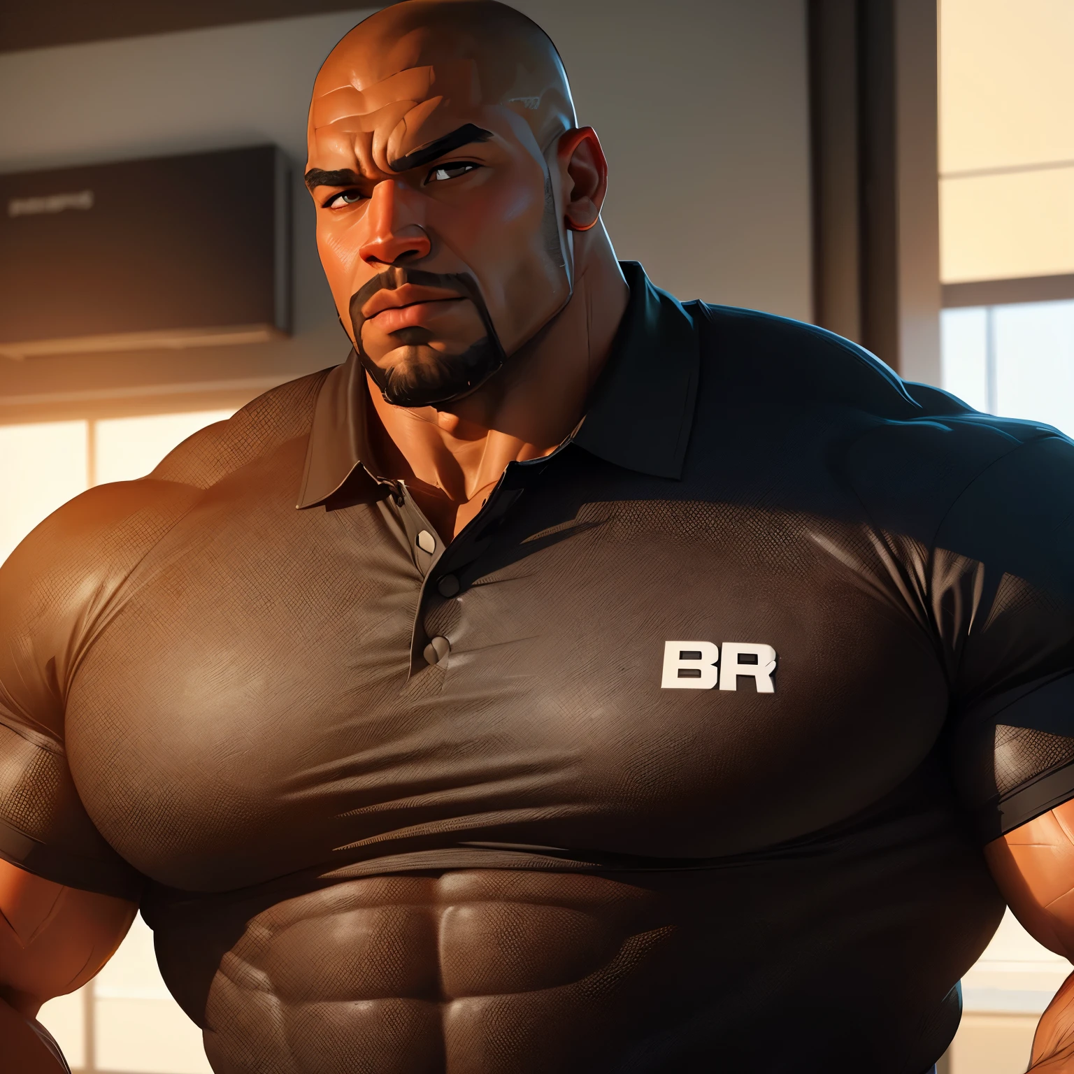 an exaggeratedly muscular and large bodyguard, beefy build, beard, dark-skinned african american male, surprised expression, buzzcut hair with square line, (wearing navy collared shirt 1.2), (bara pecs: 1.3), (arm and chest hair: 1.1), close-up portrait HD, (grungy wet underground sewers)