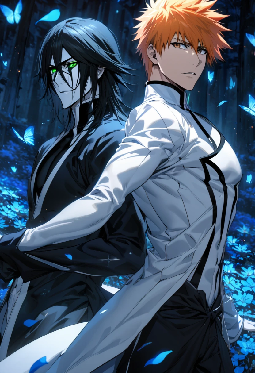 absurdres, highres, ultra detailed, HDR), master piece, best quality, Kurosaki Ichigo, orange hair, vibrant brown eyes, black shinigami clothes, Bleach, Ulquiorra Cifer, black medium hair, hair between the eyes, vibrant green eyes, white arrancar clothes, 2men together, gay, handsome, blue forest, blue butterflies, blue flowers, blue petals 