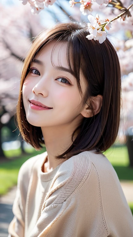 (((close up of face)))、(((Absolutely shoulder-length brown hair straight short bob)))、(((She is posing like a hair salon model with a row of cherry blossom trees in the background.)))、(((casual black winter long sleeve clothes)))、Half Japanese and Korean、18 year old girl、standing alone、facing forward、light eye makeup、brown hair color、flat and 、hair blowing in the wind、actress quality、Shiny, ultra-realistic face、smiling expression、Moist eyes、looking up、subdued lighting effects、 ultra-realistic capture、very detailed、High resolution 16K close-up of human skin。Skin texture must be natural、Must be so detailed that pores can be identified、skin is healthy、Must have an even tone、use natural light and colors、Old-fashioned high-quality images taken by a model agency&#39;s exclusive photographer、smile
