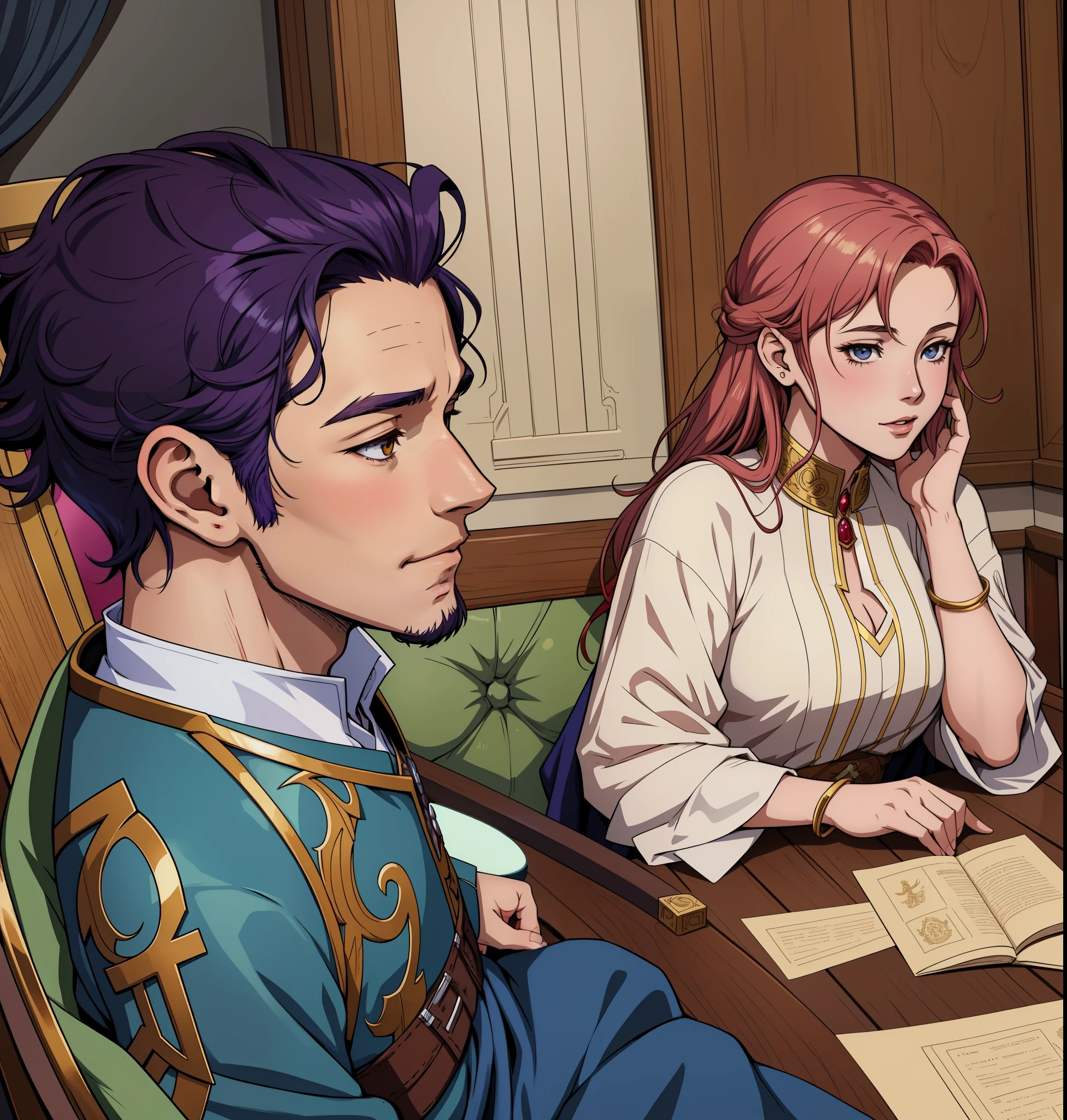anime - style illustration of a man and woman sitting at a table, high resolution commission, coriolios estilo de arte rpg, arte oficial del personaje, official character illustration, charlie bowater y artgeem, fanart exquisito muy detallado, arte oficial, arte de personajes detallado, estilo abogado as, arte del juego de rol, official illustration, Lawther se sienta a la mesa jugando dnd