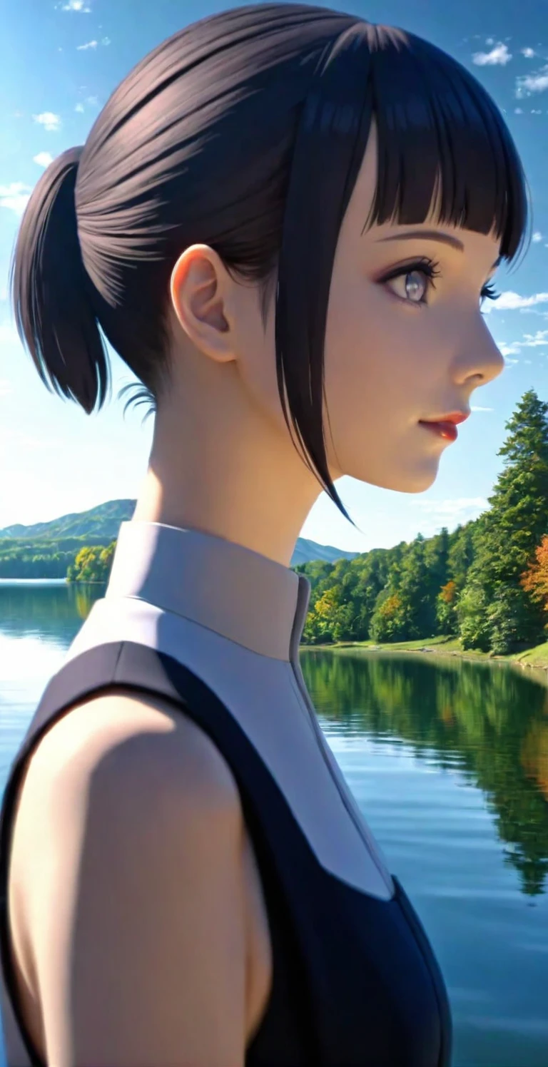 close-up from side, (adult-Hinata) walk next to lake, short hair into ponytail, [enchanting, surreal, studio lighting, HDR, UHD, 4K]