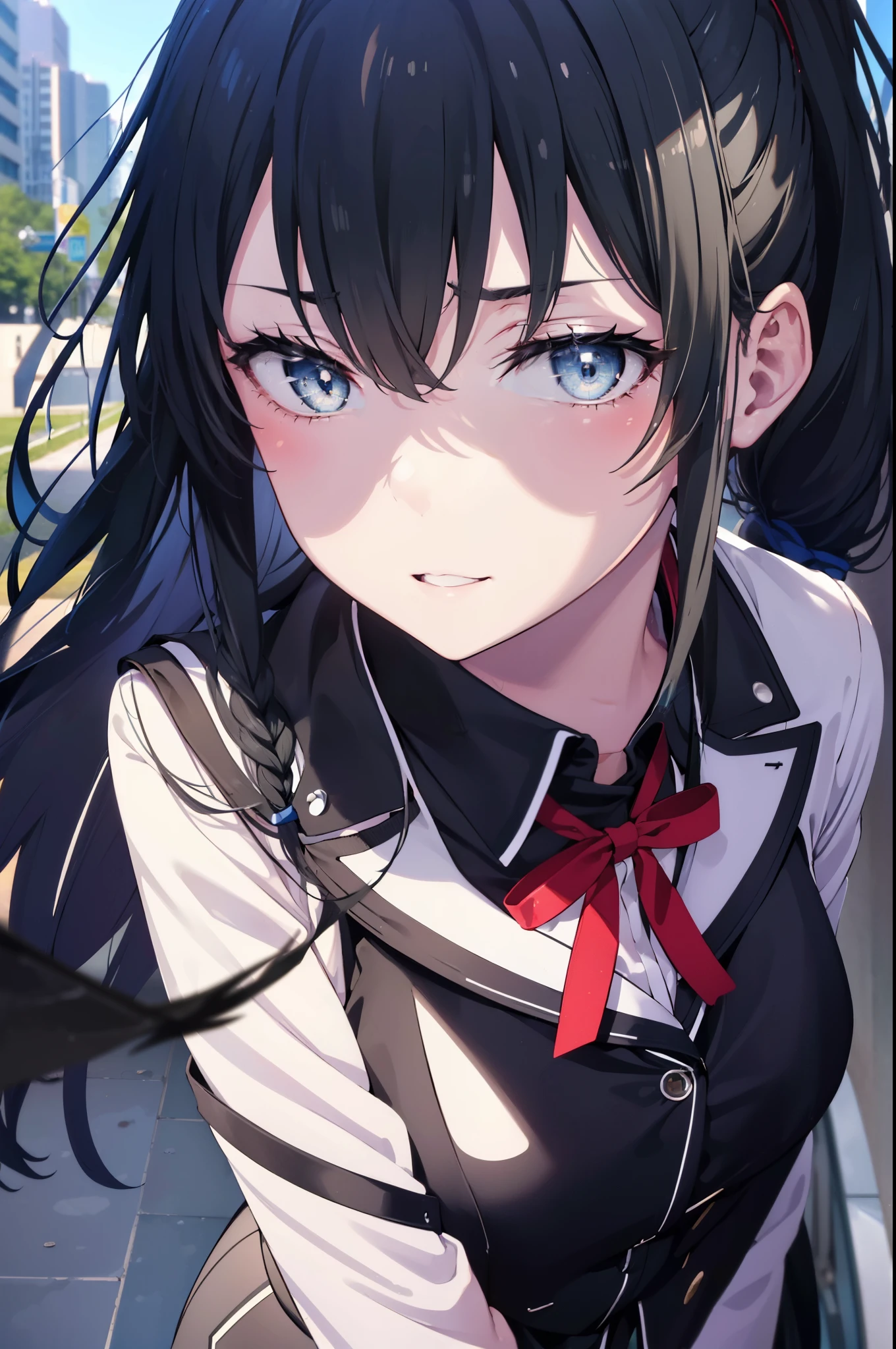 yukinoyukinoshita, yukino yukinoshita, black hair, blue eyes, long hair,short braided hair,ponytail, Ahoge,OL, happy smile, smile, open your mouth,red glasses, end, black suit jacket, collared jacket, white dress shirt, collared shirt, neckline, button, strap, ID card on neck, black pencil skirt, black pantyhose,stiletto heels,morning,morning日,the sun is rising,So that the whole body goes into the illustration,
break outdoors, In town,building street,
break looking at viewer, (cowboy shot:1.5),
break (masterpiece:1.2), highest quality, High resolution, unity 8k wallpaper, (figure:0.8), (detailed and beautiful eyes:1.6), highly detailed face, perfect lighting, Very detailed CG, (perfect hands, perfect anatomy),