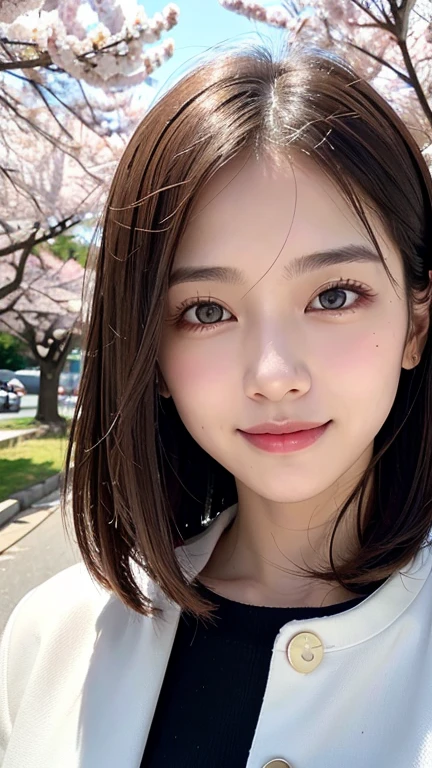 (((close up of face)))、(((Absolutely shoulder-length brown hair straight short bob)))、(((She is posing like a hair salon model with a row of cherry blossom trees in the background.)))、(((casual black winter long sleeve clothes)))、Half Japanese and Korean、18 year old girl、standing alone、facing forward、light eye makeup、brown hair color、flat and 、hair blowing in the wind、actress quality、Shiny, ultra-realistic face、smiling expression、Moist eyes、looking up、subdued lighting effects、 ultra-realistic capture、very detailed、High resolution 16K close-up of human skin。Skin texture must be natural、Must be so detailed that pores can be identified、skin is healthy、Must have an even tone、use natural light and colors、Old-fashioned high-quality images taken by a model agency's exclusive photographer、smile