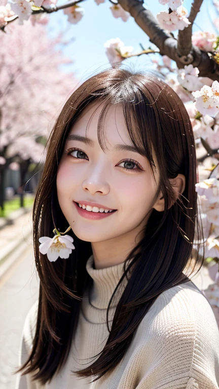 (((close up of face)))、(((Absolutely shoulder-length brown hair straight short bob)))、(((She is posing like a hair salon model with a row of cherry blossom trees in the background.)))、(((casual black winter long sleeve clothes)))、Half Japanese and Korean、18 year old girl、standing alone、facing forward、light eye makeup、brown hair color、flat and 、hair blowing in the wind、actress quality、Shiny, ultra-realistic face、smiling expression、Moist eyes、looking up、subdued lighting effects、 ultra-realistic capture、very detailed、High resolution 16K close-up of human skin。Skin texture must be natural、Must be so detailed that pores can be identified、skin is healthy、Must have an even tone、use natural light and colors、Old-fashioned high-quality images taken by a model agency's exclusive photographer、smile
