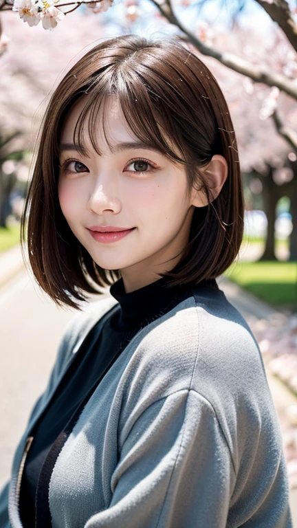 (((close up of face)))、(((Absolutely shoulder-length brown hair straight short bob)))、(((She is posing like a hair salon model with a row of cherry blossom trees in the background.)))、(((casual black winter long sleeve clothes)))、Half Japanese and Korean、18 year old girl、standing alone、facing forward、light eye makeup、brown hair color、flat and 、hair blowing in the wind、actress quality、Shiny, ultra-realistic face、smiling expression、Moist eyes、looking up、subdued lighting effects、 ultra-realistic capture、very detailed、High resolution 16K close-up of human skin。Skin texture must be natural、Must be so detailed that pores can be identified、skin is healthy、Must have an even tone、use natural light and colors、Old-fashioned high-quality images taken by a model agency's exclusive photographer、smile