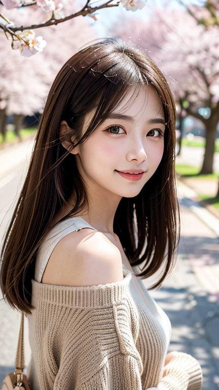 (((close up of face)))、(((Absolutely shoulder-length brown hair straight short bob)))、(((She is posing like a hair salon model with a row of cherry blossom trees in the background.)))、(((casual black winter long sleeve clothes)))、Half Japanese and Korean、18 year old girl、standing alone、facing forward、light eye makeup、brown hair color、flat and 、hair blowing in the wind、actress quality、Shiny, ultra-realistic face、smiling expression、Moist eyes、looking up、subdued lighting effects、 ultra-realistic capture、very detailed、High resolution 16K close-up of human skin。Skin texture must be natural、Must be so detailed that pores can be identified、skin is healthy、Must have an even tone、use natural light and colors、Old-fashioned high-quality images taken by a model agency's exclusive photographer、smile