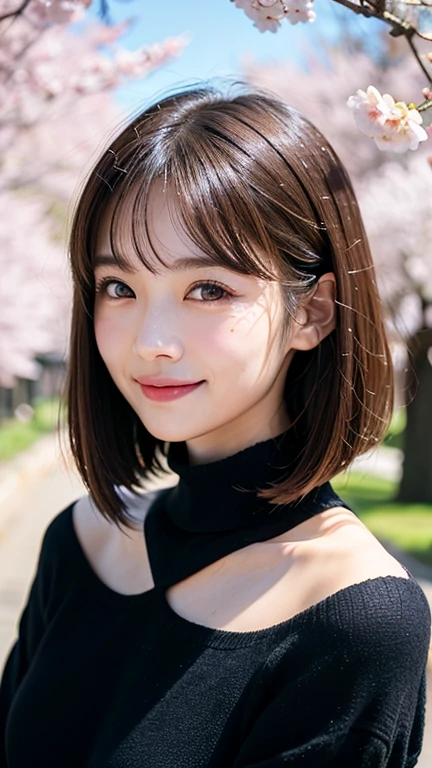 (((close up of face)))、(((Absolutely shoulder-length brown hair straight short bob)))、(((She is posing like a hair salon model with a row of cherry blossom trees in the background.)))、(((casual black winter long sleeve clothes)))、Half Japanese and Korean、18 year old girl、standing alone、facing forward、light eye makeup、brown hair color、flat and 、hair blowing in the wind、actress quality、Shiny, ultra-realistic face、smiling expression、Moist eyes、looking up、subdued lighting effects、 ultra-realistic capture、very detailed、High resolution 16K close-up of human skin。Skin texture must be natural、Must be so detailed that pores can be identified、skin is healthy、Must have an even tone、use natural light and colors、Old-fashioned high-quality images taken by a model agency&#39;s exclusive photographer、smile
