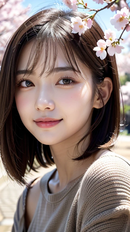 (((close up of face)))、(((Absolutely shoulder-length brown hair straight short bob)))、(((She is posing like a hair salon model with a row of cherry blossom trees in the background.)))、(((casual black winter long sleeve clothes)))、Half Japanese and Korean、18 year old girl、standing alone、facing forward、light eye makeup、brown hair color、flat and 、hair blowing in the wind、actress quality、Shiny, ultra-realistic face、smiling expression、Moist eyes、looking up、subdued lighting effects、 ultra-realistic capture、very detailed、High resolution 16K close-up of human skin。Skin texture must be natural、Must be so detailed that pores can be identified、skin is healthy、Must have an even tone、use natural light and colors、Old-fashioned high-quality images taken by a model agency&#39;s exclusive photographer、smile
