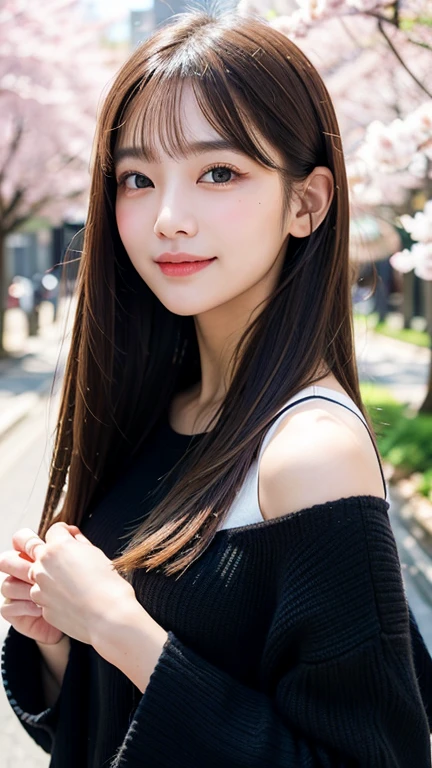 (((close up of face)))、(((Absolutely shoulder-length brown hair straight short bob)))、(((She is posing like a hair salon model with a row of cherry blossom trees in the background.)))、(((casual black winter long sleeve clothes)))、Half Japanese and Korean、18 year old girl、standing alone、facing forward、light eye makeup、brown hair color、flat and 、hair blowing in the wind、actress quality、Shiny, ultra-realistic face、smiling expression、Moist eyes、looking up、subdued lighting effects、 ultra-realistic capture、very detailed、High resolution 16K close-up of human skin。Skin texture must be natural、Must be so detailed that pores can be identified、skin is healthy、Must have an even tone、use natural light and colors、Old-fashioned high-quality images taken by a model agency's exclusive photographer、smile
