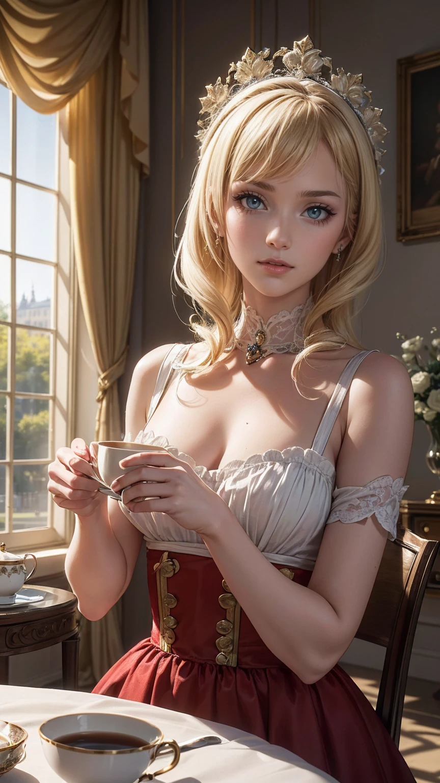 ((最high quality, 8K, masterpiece: 1.3, Ultra HD, high quality, 最high quality, High resolution, realism)) 、Marie Antoinette、Inside the Palace of Versailles in France、Enjoy tea time in a luxurious room