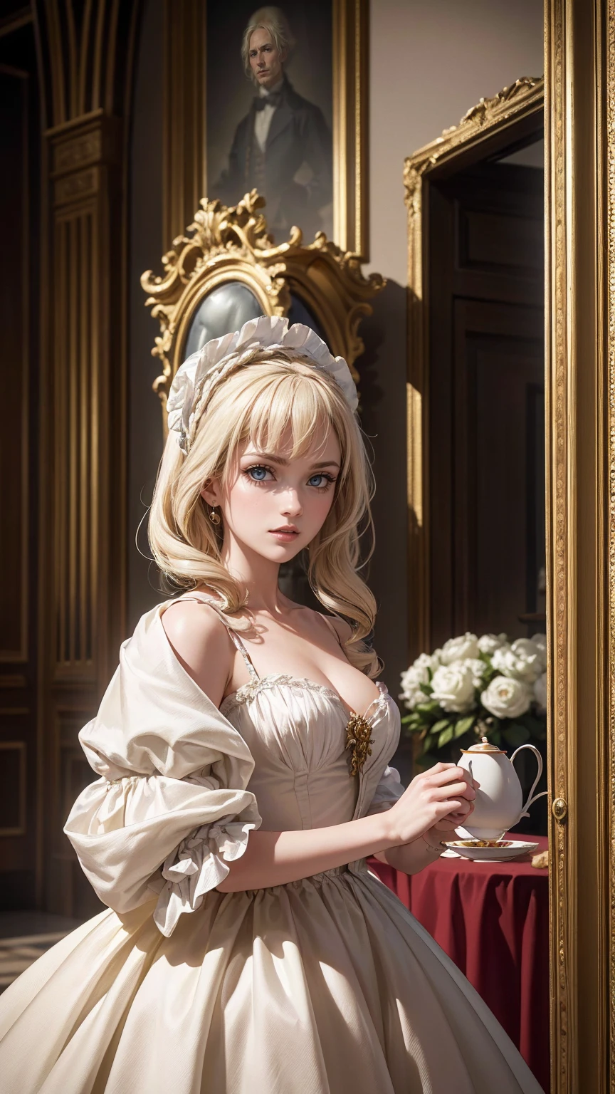 ((最high quality, 8K, masterpiece: 1.3, Ultra HD, high quality, 最high quality, High resolution, realism)) 、Marie Antoinette、Inside the Palace of Versailles in France、Enjoy tea time in a luxurious room