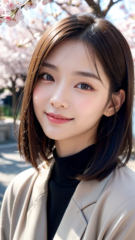 (((close up of face)))、(((Absolutely shoulder-length brown hair straight short bob)))、(((She is posing like a hair salon model with a row of cherry blossom trees in the background.)))、(((casual black winter long sleeve clothes)))、Half Japanese and Korean、18 year old girl、standing alone、facing forward、light eye makeup、brown hair color、flat and 、hair blowing in the wind、actress quality、Shiny, ultra-realistic face、smiling expression、Moist eyes、looking up、subdued lighting effects、 ultra-realistic capture、very detailed、High resolution 16K close-up of human skin。Skin texture must be natural、Must be so detailed that pores can be identified、skin is healthy、Must have an even tone、use natural light and colors、Old-fashioned high-quality images taken by a model agency's exclusive photographer、smile