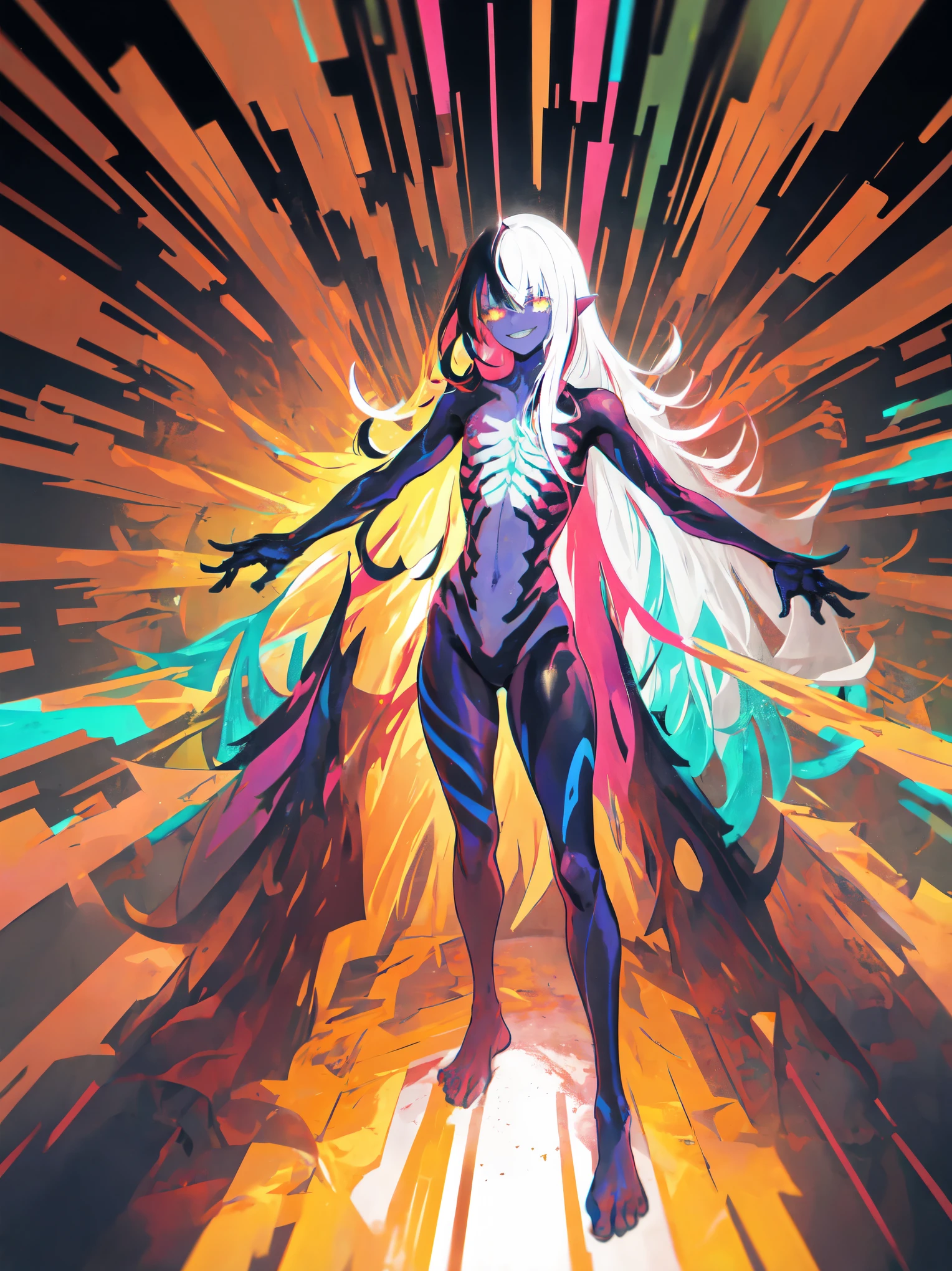 
1man, sharp face, with his broken body, He has a hole in his chest and in the center a black star, with multicolored fluorescent fractures in his skin, an evil smile, from his eyes drain a multicolored fluorescent liquid, in the background a dimension collapsing, colors. High quality image, good anatomy, super detailed, fine details, colorful, vanishing Point, full body, battle pose,